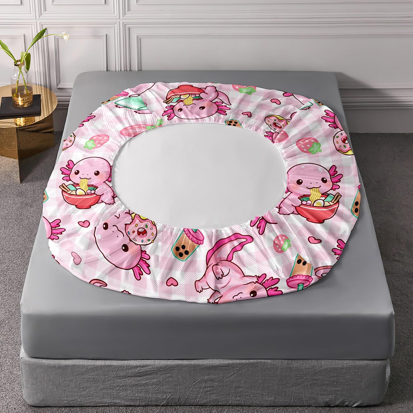 HOSIMA Axolotl Fitted Sheet Set Full Size for Kids Girls,Pink Cartoon Axolotl Eat Dessert Printing Bedding Set Full Size for Princess Bedroom Decor,1 Fitted Sheet+2 Pillowcases.