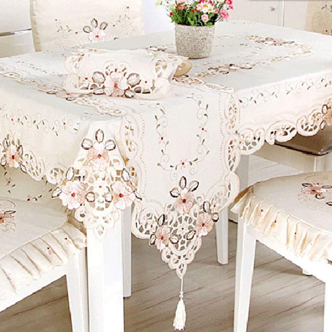 LeLehome 15" X 58" Classic Table Runner, Flower Embroidery Vintage Lace Cream Beige Polyester Fabric Dresser Scarves