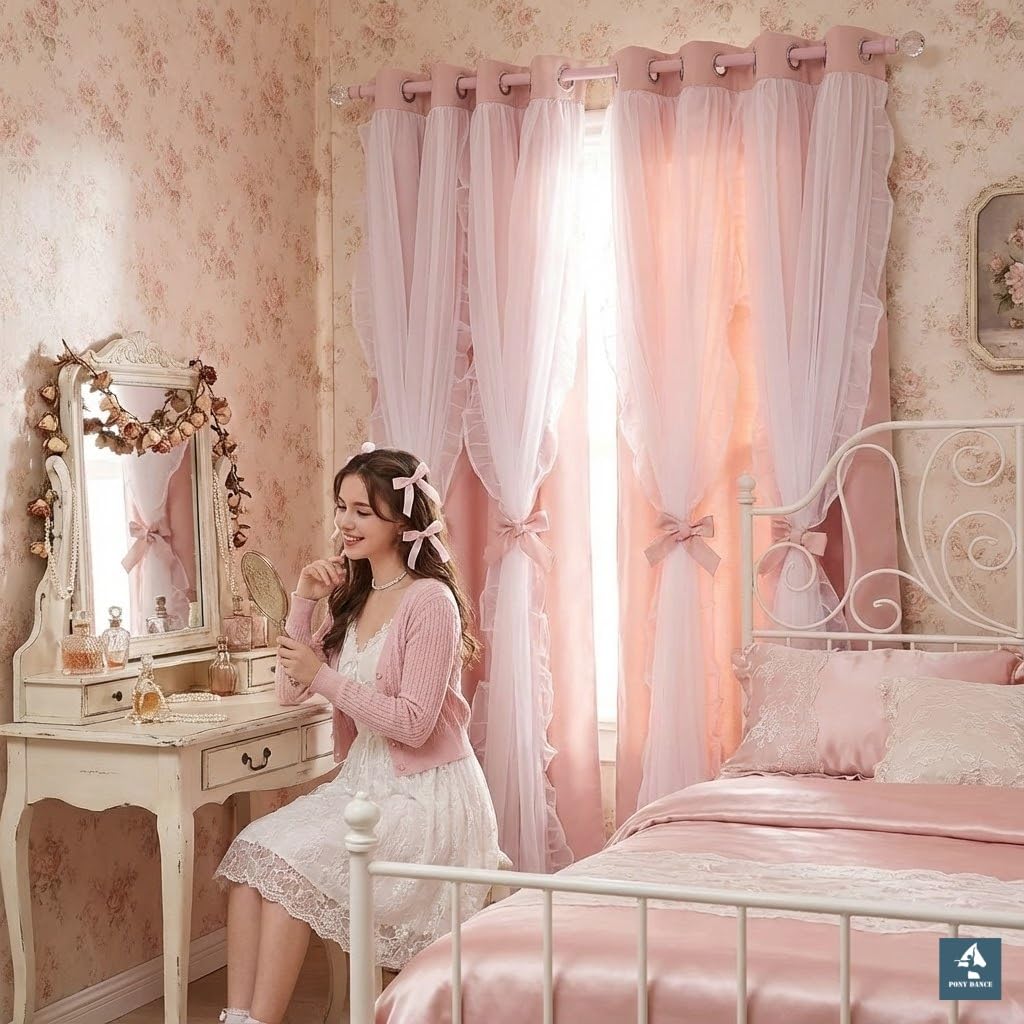 PONY DANCE Pink Blackout Curtains for Nursery, Double Layer Bow Curtains with Ruffle Sheer Overlay for Girls Bedroom, Cute Shabby Chic Kids Toddler Room Decor Drapes Coquette Style, 52x84 inch, 2 PCs