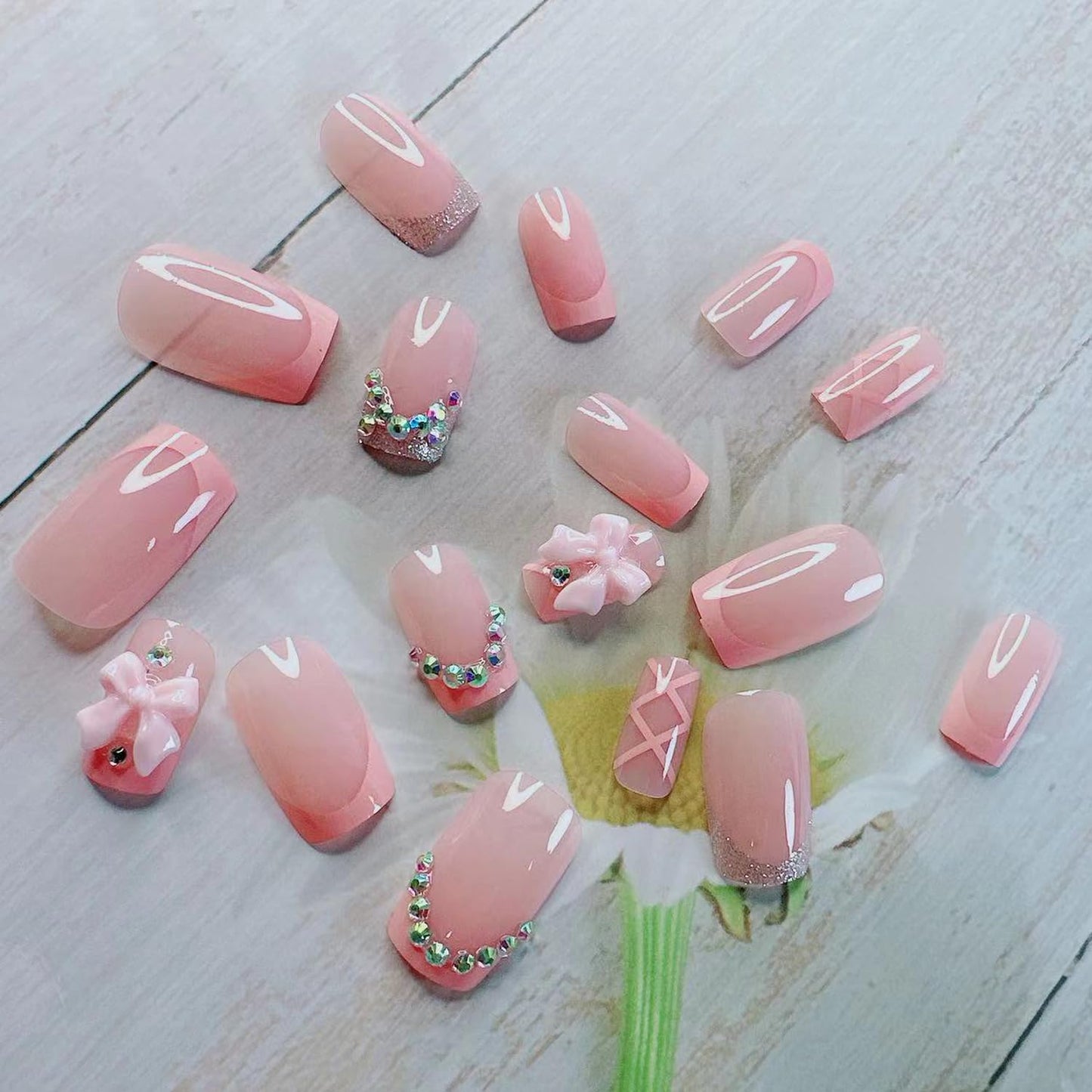 24Pcs Handmade Press on Nails Short Square with Charms Pink Bow Fake Nails French Nails Press ons 3D Rhinestone Sparkling Design Cute Bow Stick on Nails Tip Shiny for Women Daily Wear