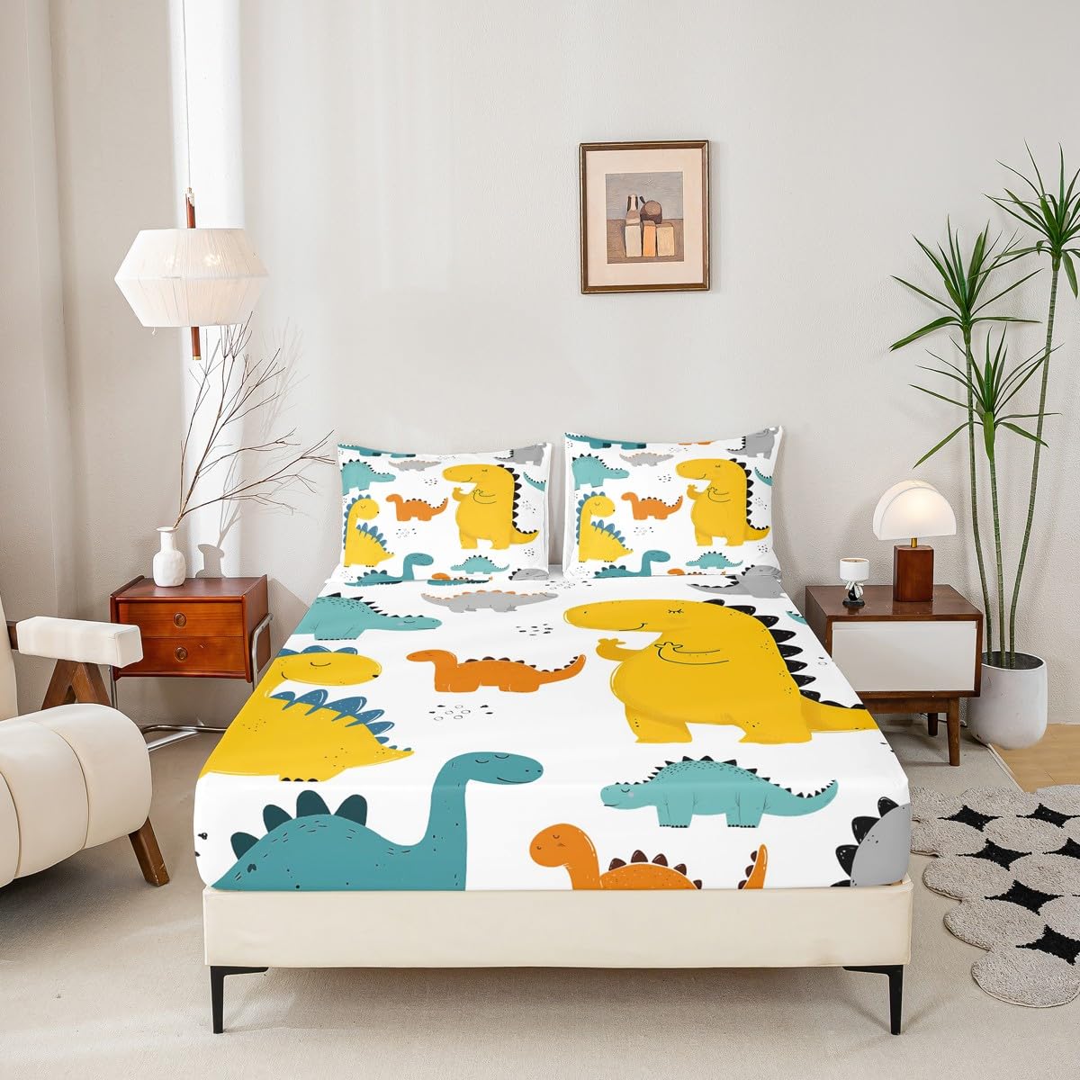 Cartoon Dinosaur Kids Fitted Sheet Cute 3D Digital Print Bed Sheet Set Decor Jungle Dino Bedding Set Wild Animal Pattern Yellow Blue Bed Cover Bedroom Quilt Cover 2Pcs Twin