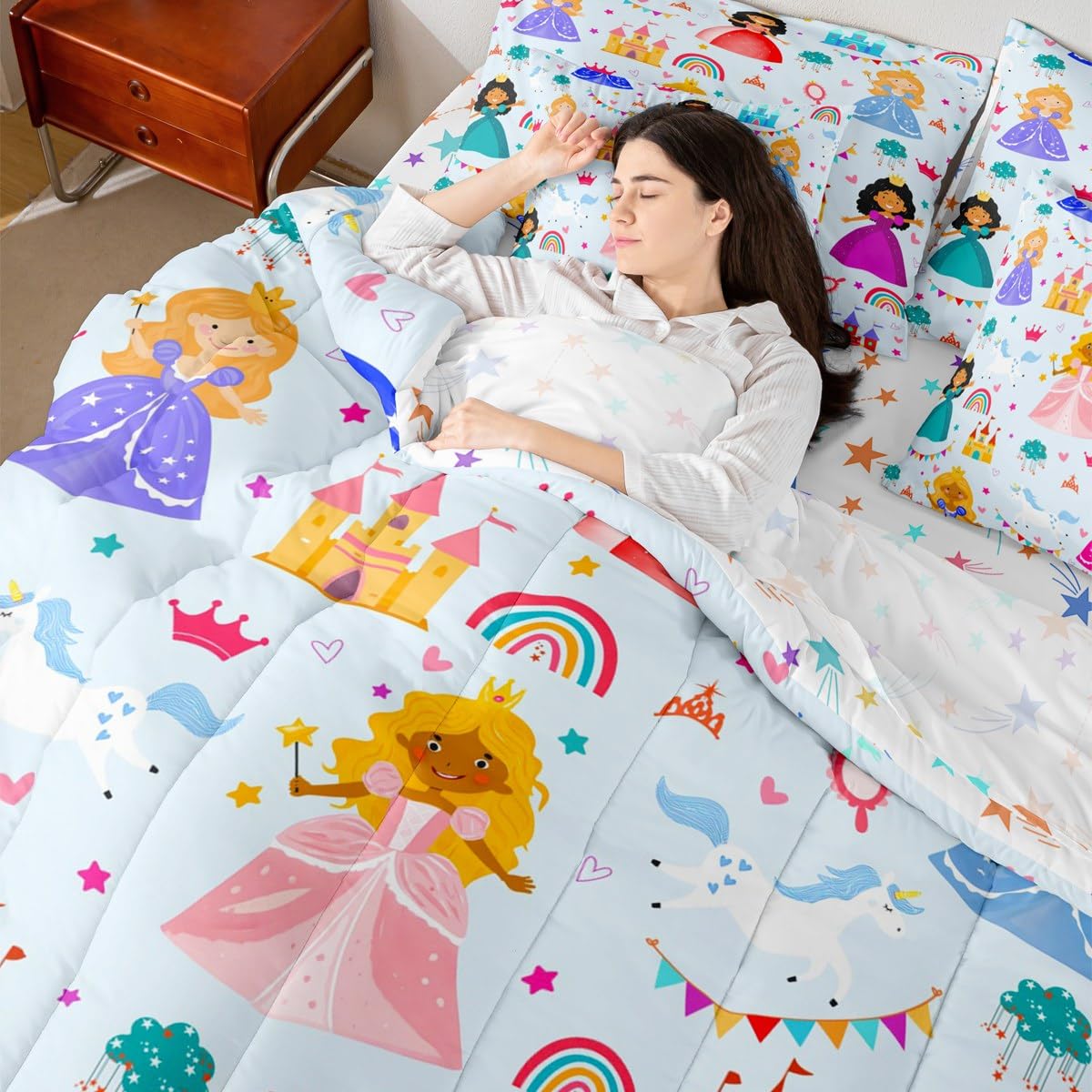 jejeloiu Cute Princess 7 Piece Bedding Set Twin Size Girly Loves Bed in a Bag for Boys Girls Bedroom Decor Pale Blue Clound Rainbow Comforter Set with Sheets,Pillowcases & Cushion Cover Castle Soft