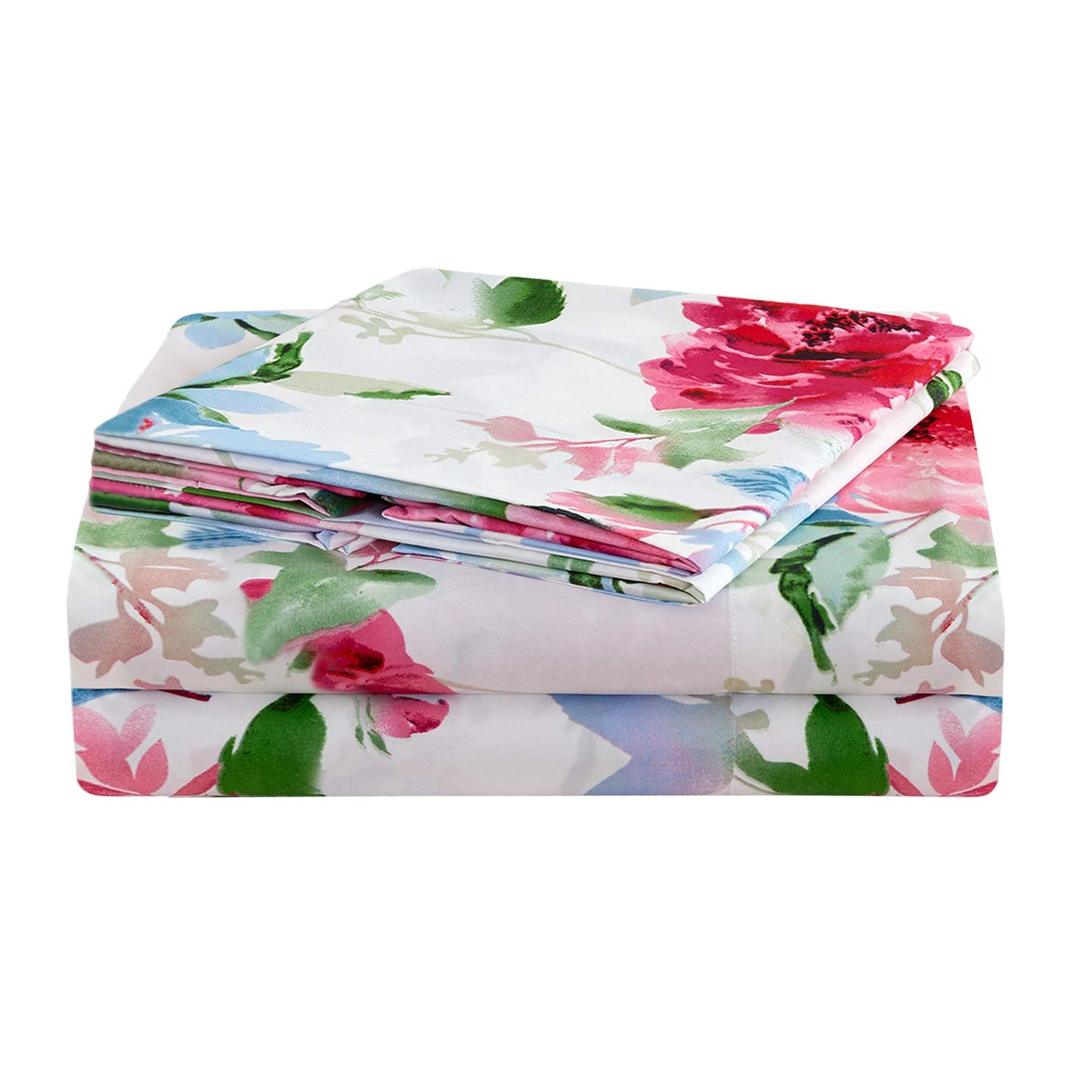JSD Watercolor Rose Floral Sheet Set Queen Size, 4 Piece Soft Printed Microfiber Sheets Extra Deep Pocket