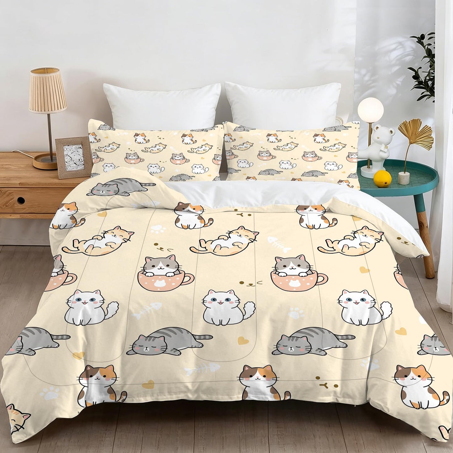 EDGZKO Cat Comforter Set Full Size Cartoon Cat Pattern Princess Bedding Set Soft Toddler Quilt Duvet Set Full Bed Set for Girls Kids Teens Adults Nursery 1 Comforter 2 Pillowcases
