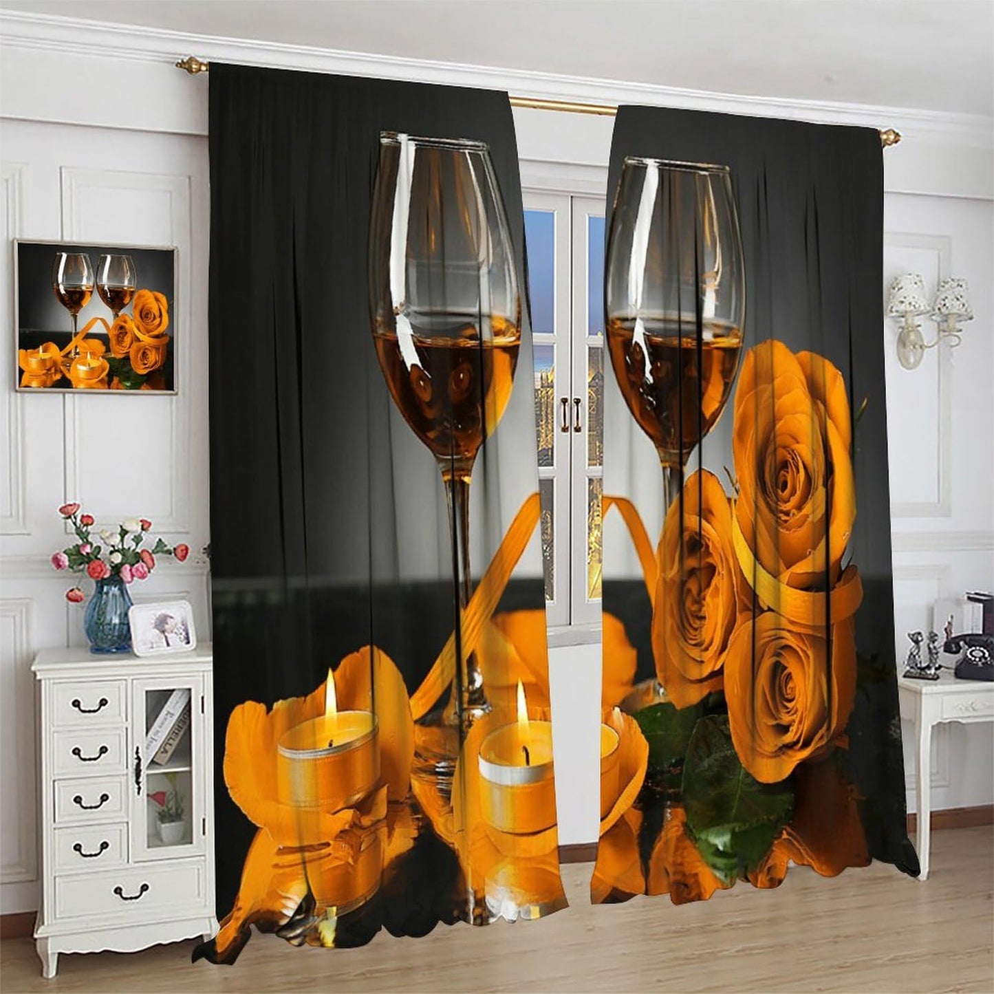 GoDazzling Rose Wine Blackout Curtains, Orange Floral Valentine Blossom Romantic Lover Art Printed Window Drapes, for Living Room Bedroom Kitchen 42" W X 45" L