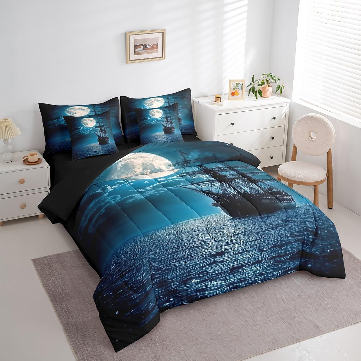 Feelyou Sailing Ship Comforter Set 7 Pieces Twin Size Moonlight Ocean Sea Bedding Set for Boys Girls Coastal Bed in a Bag with Comforter, Sheets, Pillowcases & Cushion Covers