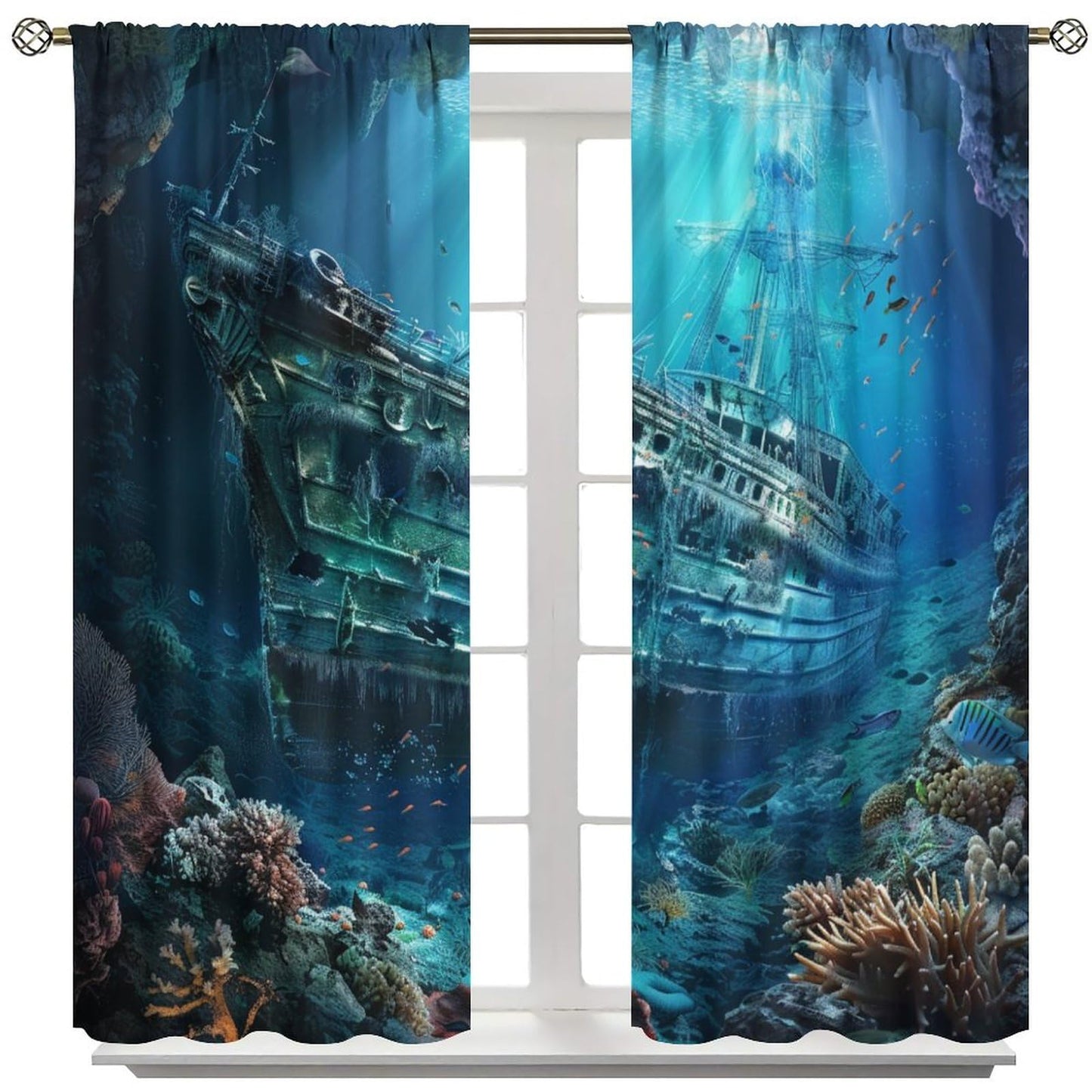 TOWINSFB Ocean Coral Sunken Ship Blackout Curtains for Living Room Bedroom, Retro Undersea World Shipwreck Window Curtains Rod Pocket Thermal Insulated Window Drapes, 2 Panels, Each 21W x 45L
