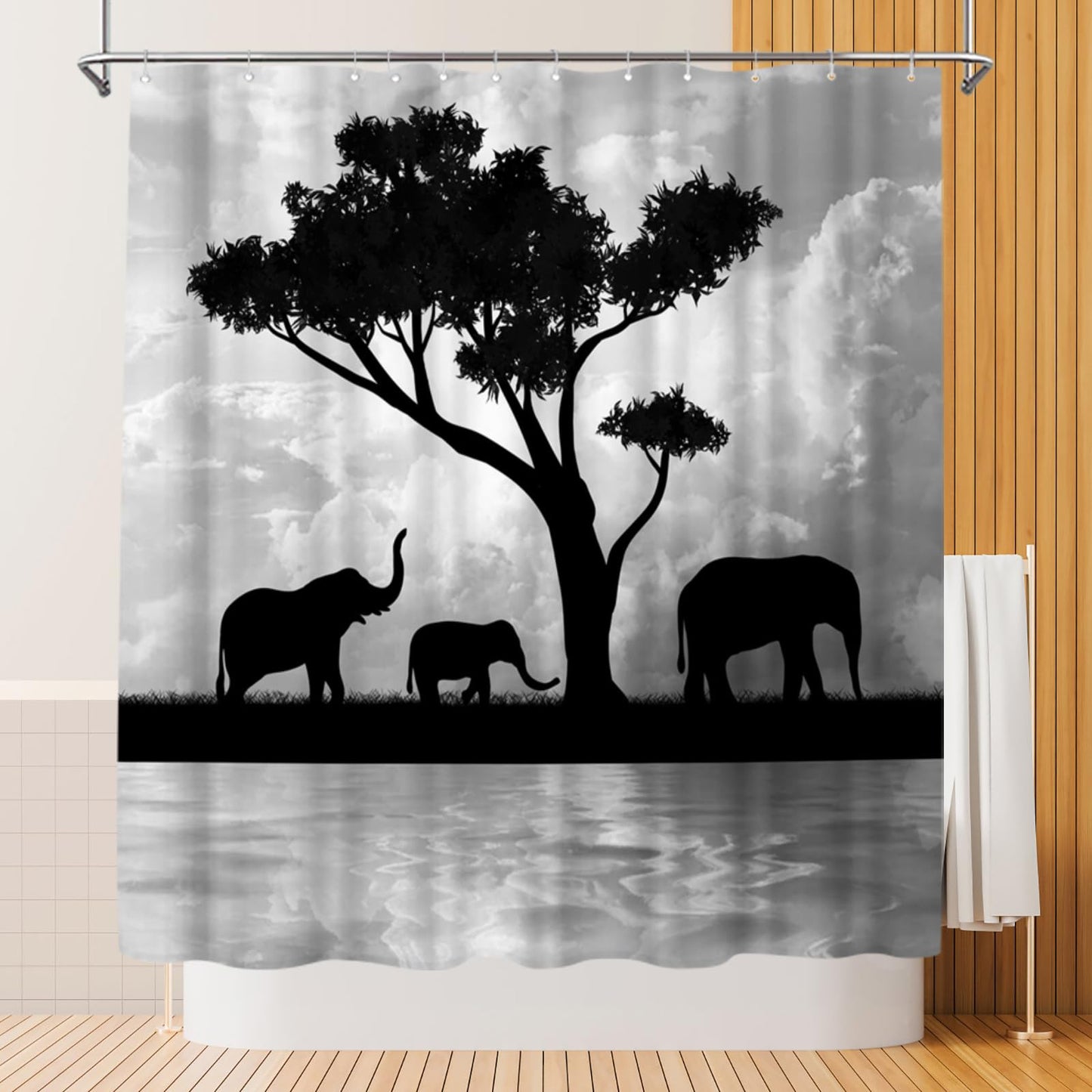 RyounoArt Elephant Shower Curtain Black and White Abstract African Elephant Family Bath Curtain Safari Bathroom Decor Fabric Cloth 72"x72"with 12 Hooks