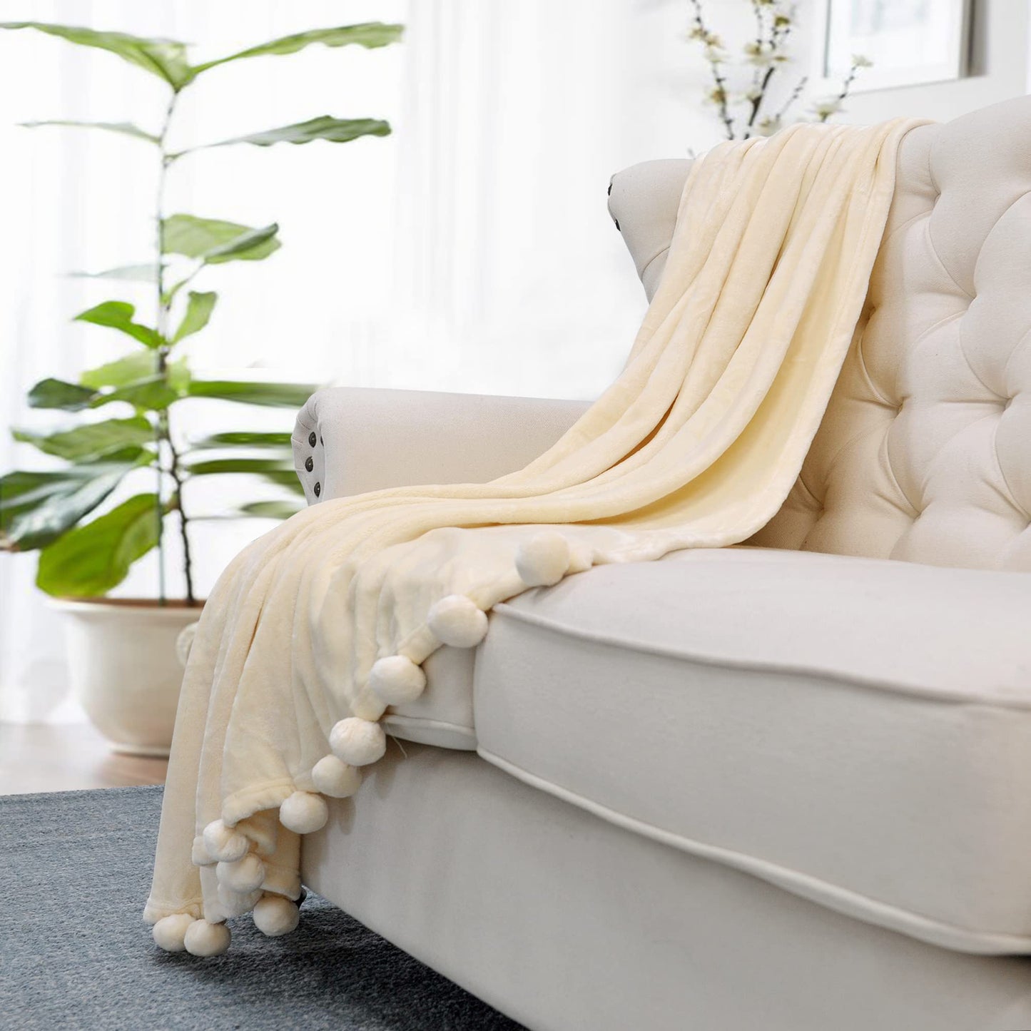 Home Soft Things Pompom Bed Couch Throw Blanket, 50'' x 60'', Antique White, Fuzzy Soft Comfy Warm Decorative Throw Blanket for Living Room Bedroom Suitable for All Seasons