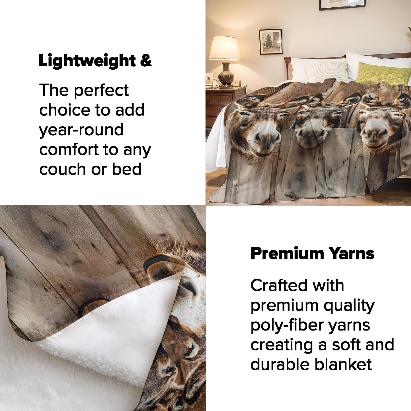 Donkey Farm Animal Throw Blanket for Adults Kids, 50x60 in, Funny Rustic Theme Flannel Blankets for Bedroom, Couch, Travel, Home Decor, Fuzzy Soft Cozy Warm Gifts