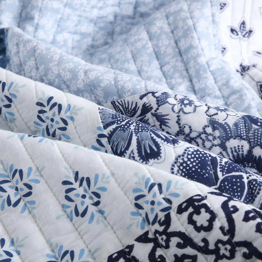 ENASAL Cotton Bedspread Quilt Sets Reversible Bedding Coverlet Sets Luxury Floral White Blue Real Patchwork Bedspread, King Size