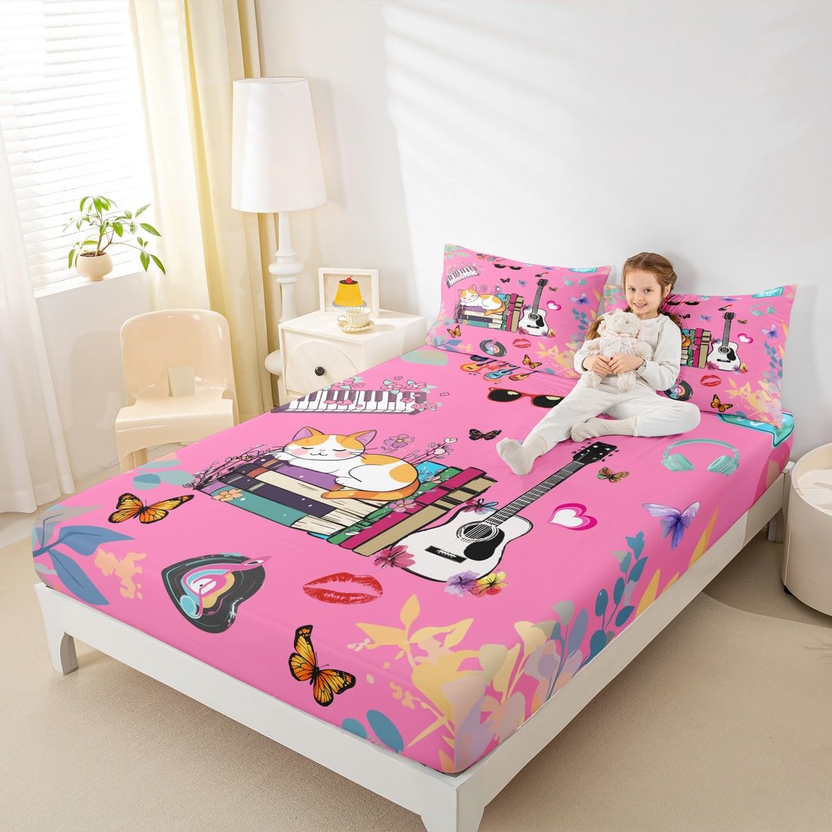 Erosebridal Music Themed Bed Sheets Set King Butterfly Sheet Set Music Book Cat Sheets for Fans Modern Fashion Pink Flat Fitted Sheet Birthday Valentines Day