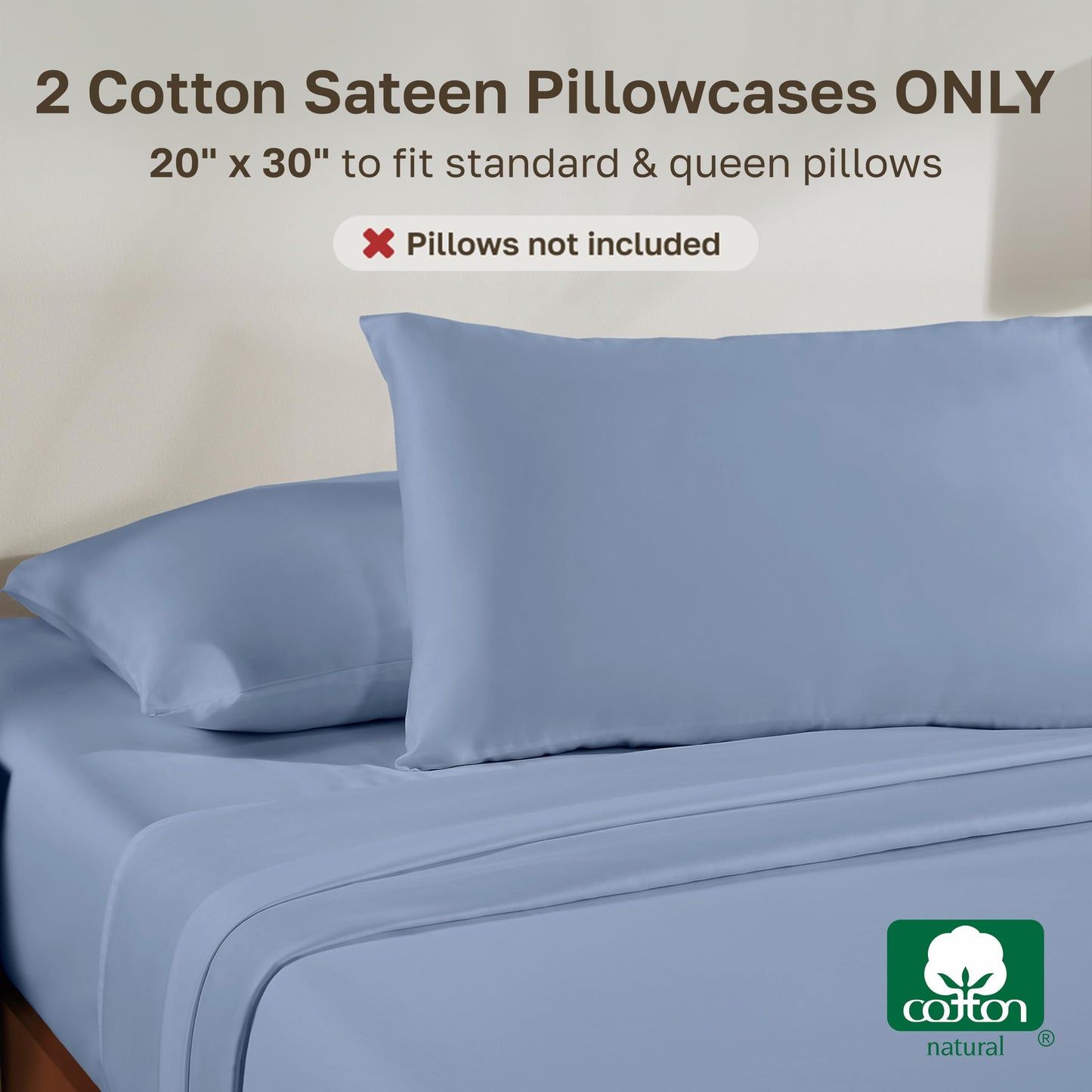 California Design Den 100% Cotton Pillowcases Standard Size Set of 2, Soft Sateen Weave Cotton Pillowcases (Standard/Queen, Blue Hydrangea)