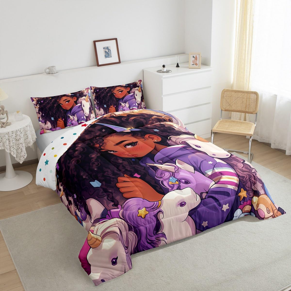 Erosebridal Black Hair Girls Bedding Set Cartoon Unicorn Twin Comforter Set,American African Kids Quilt Cute Afro Melanin Princess Down Comforter,Magical Animal Dreamy Horse Rainbow Room Decor