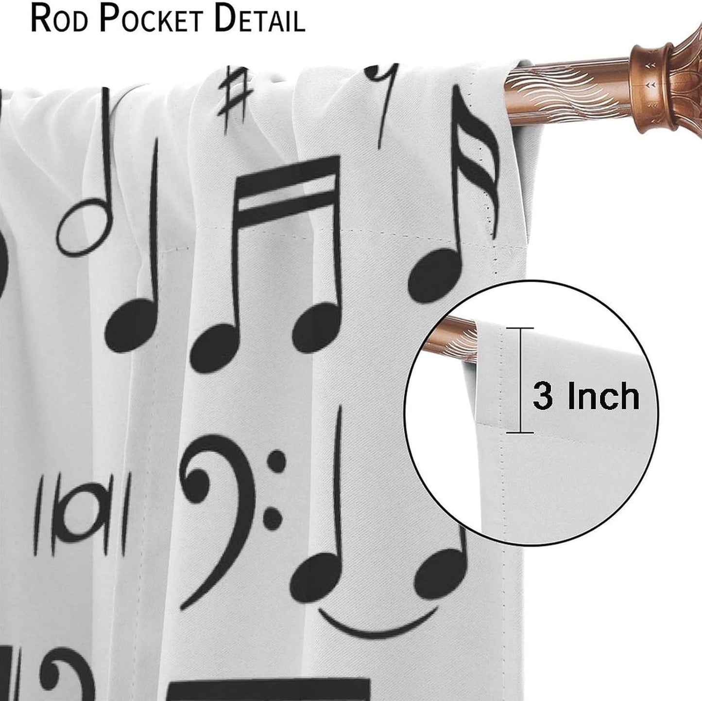 HZOHNAGO Music Curtain Black and White Musical Notes Blackout Print Rod Pocket Window Drapes for Bedroom Living Room 42x45in