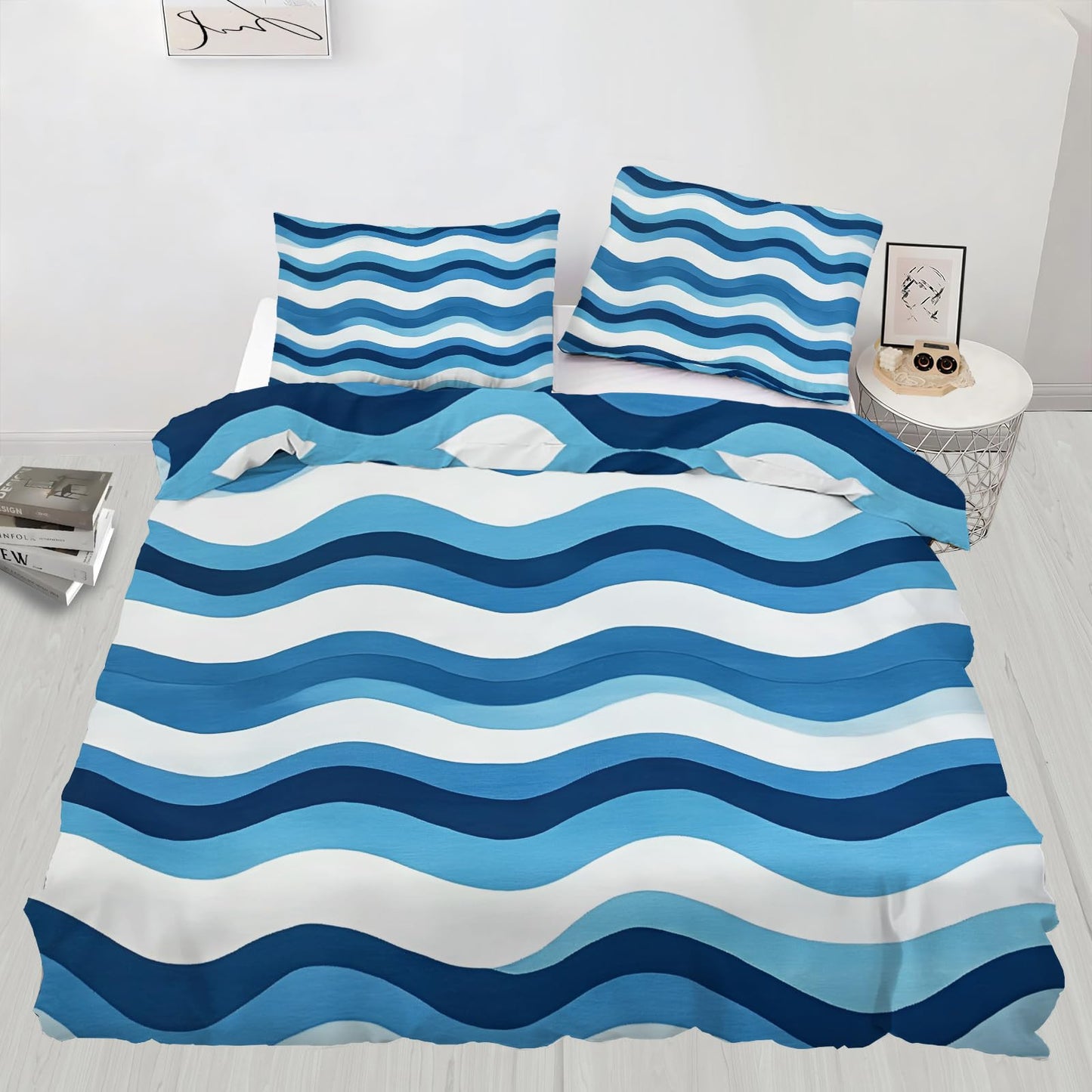 GKPLY Waves Bedding Sets, Blue White Stripes Duvet Cover Full, Ocean Wave Comforter Cover with Zipper & Ties, 3 Pieces Quilt with 2 Pillowcases, Easy Care