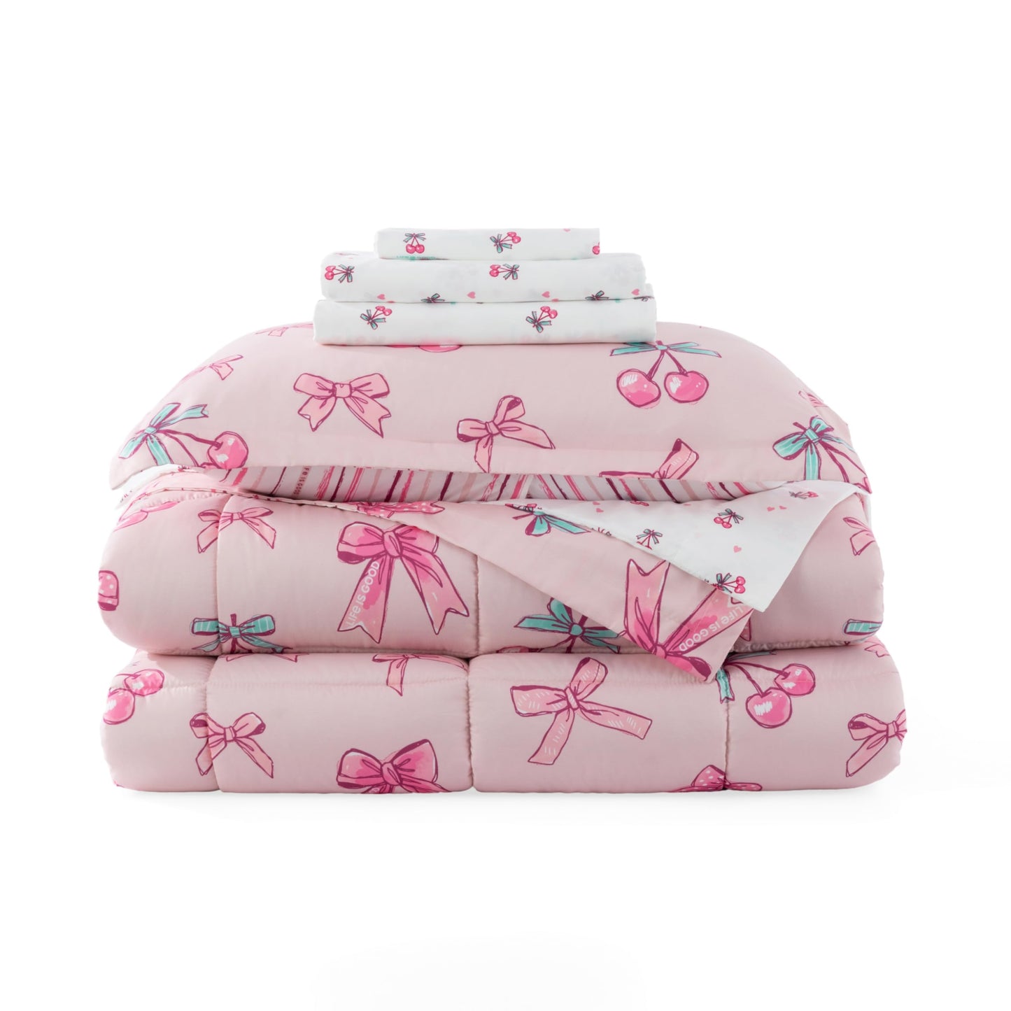 Berkshire LIG Printed Reversible Microfiber Comforter Set–7-Piece, Ultra Soft All-Season Bedding, Wrinkle & Fade Resistant, Queen, Cherry Bows Blush