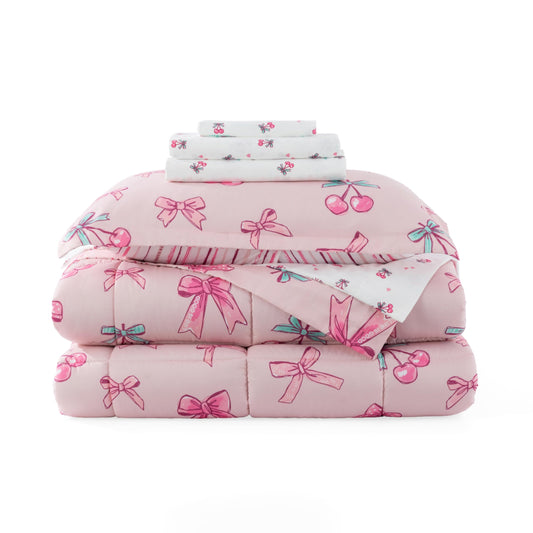 Berkshire LIG Printed Reversible Microfiber Comforter Set–7-Piece, Ultra Soft All-Season Bedding, Wrinkle & Fade Resistant, Queen, Cherry Bows Blush