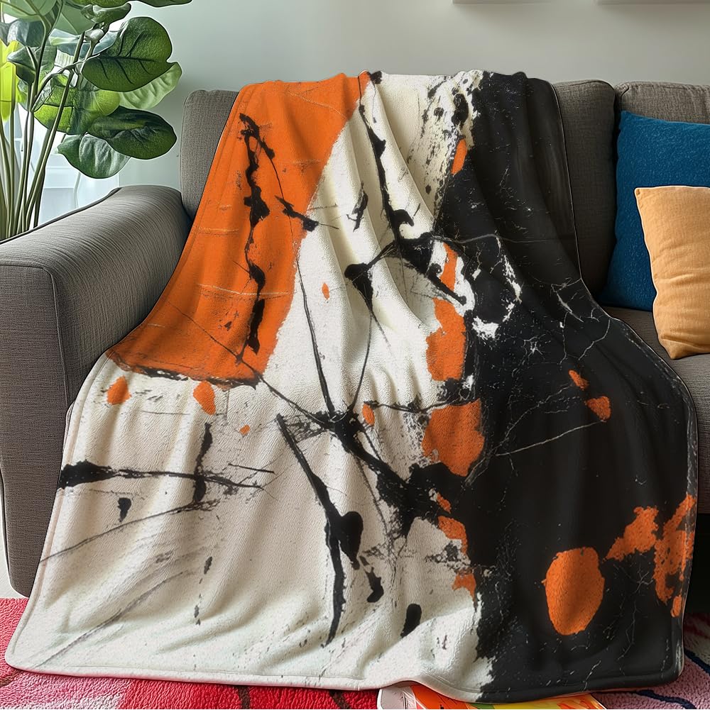 HUNXIAOJ Abstract Throw Blanket Orange and Black Flannel Blanket Abstract Orange Bedding Warm Soft Flannel for Bed Sofa Couch (59in x 70in)