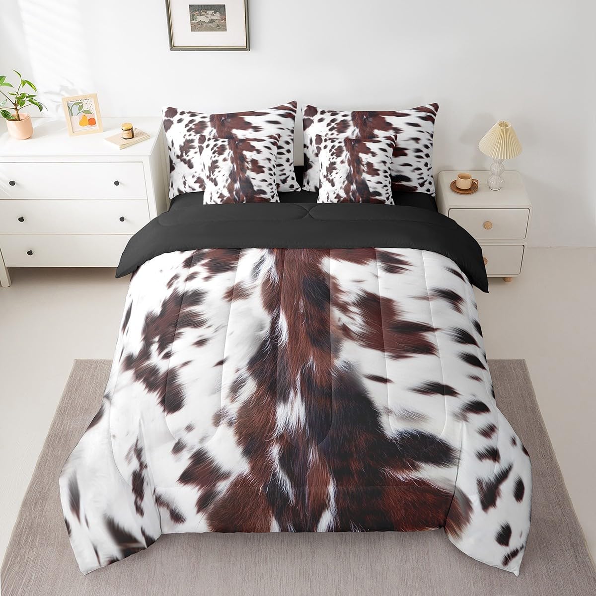 7 Piece Brown Cow Print Bed in a Bag Twin for Boys Girls Teens Western Rustic Farmhouse Theme Sheet Set Wild Animal Fur Print Bedding Set with Comforter, Black White Aztec Cow Print Cushion Covers
