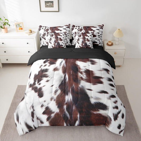 7 Piece Brown Cow Print Bed in a Bag Twin for Boys Girls Teens Western Rustic Farmhouse Theme Sheet Set Wild Animal Fur Print Bedding Set with Comforter, Black White Aztec Cow Print Cushion Covers