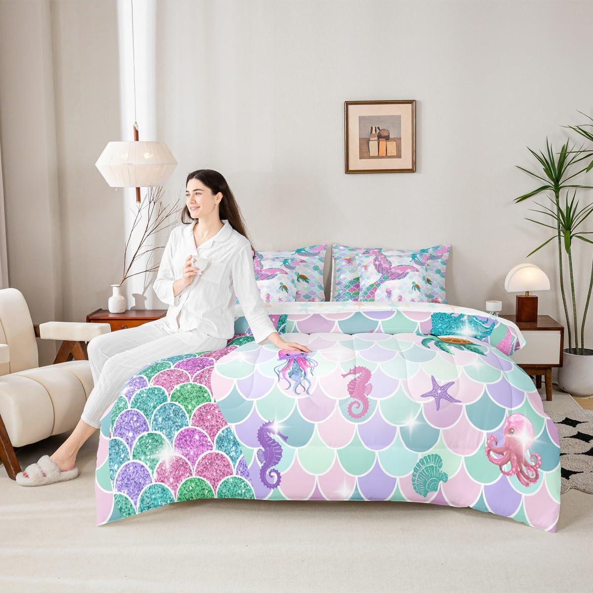 Ocean Mermaid Queen Comforter Set with Sheets | Nautical Sea Animal Kawaii 7 Piece Bedding Set Mermaid Gifts for Girls Jellyfish Sea Turtle Bed in a Bag, Glitter Sequins Print Fish Scale Room Decor