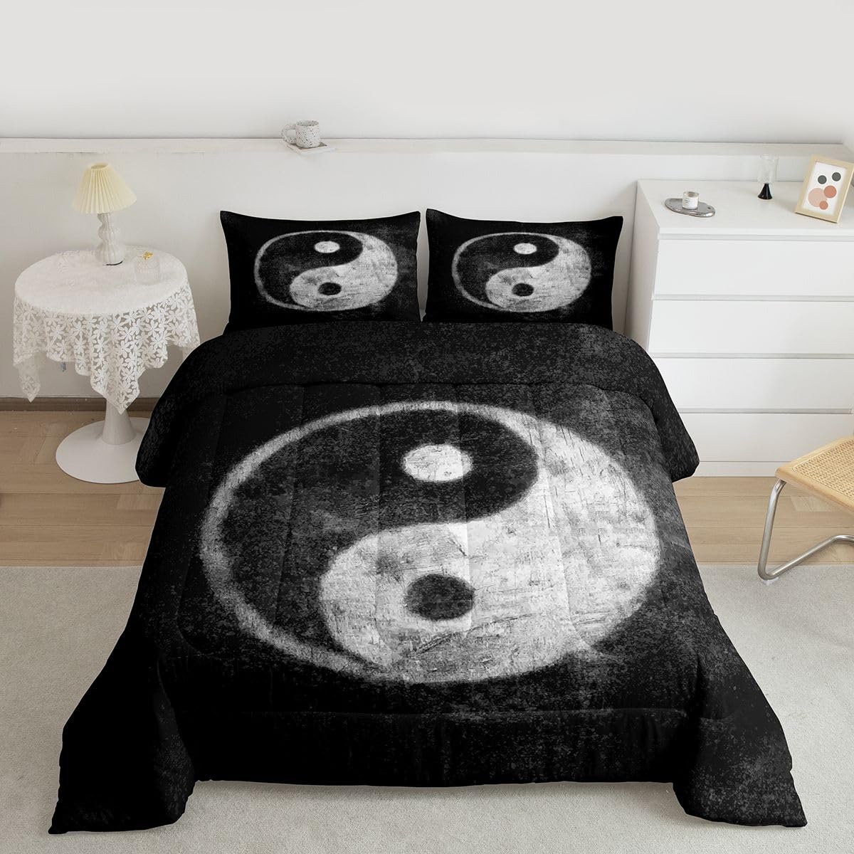 Feelyou Yin Yang Bedding Set for Girls Boys Children Boho Trippy Psychedelic Art Comforter Set Decorative Gossip Pattern Comforter Traditional Ying Yang Theme Duvet Set Twin Size 2Pcs