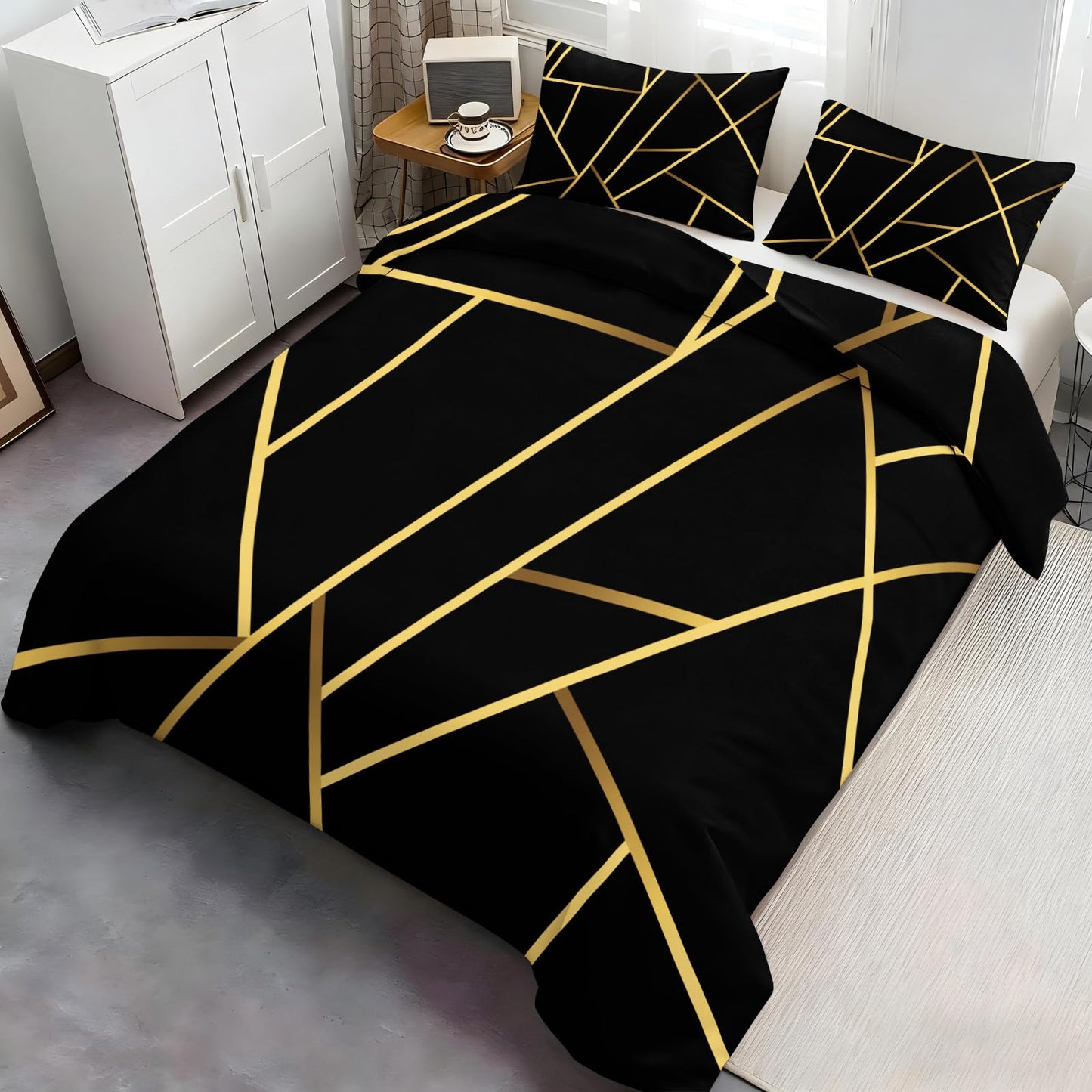 ZAOMIR Geometric Duvet Cover Twin Size, Abstract Modern Geometric Stripes Bedding Set 3 Piece, Black Gold Geometry Lines Patterned Comforter Cover with Zipper Soft Microfiber, 2 Pillowcases