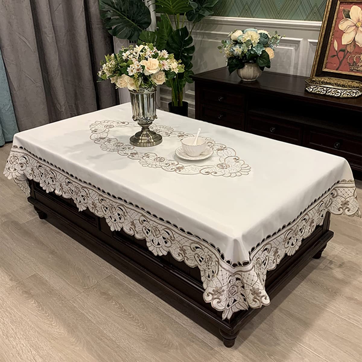 Sandweek Brown Flower Embroidered Lace Tablecloth Damask Dust-Proof Table Cloth Fabric Table Cover for Kitchen Dinner Picnic Outdoor and Indoor Home Decor (Rectangle/Oblong, 33 x 60 inch)