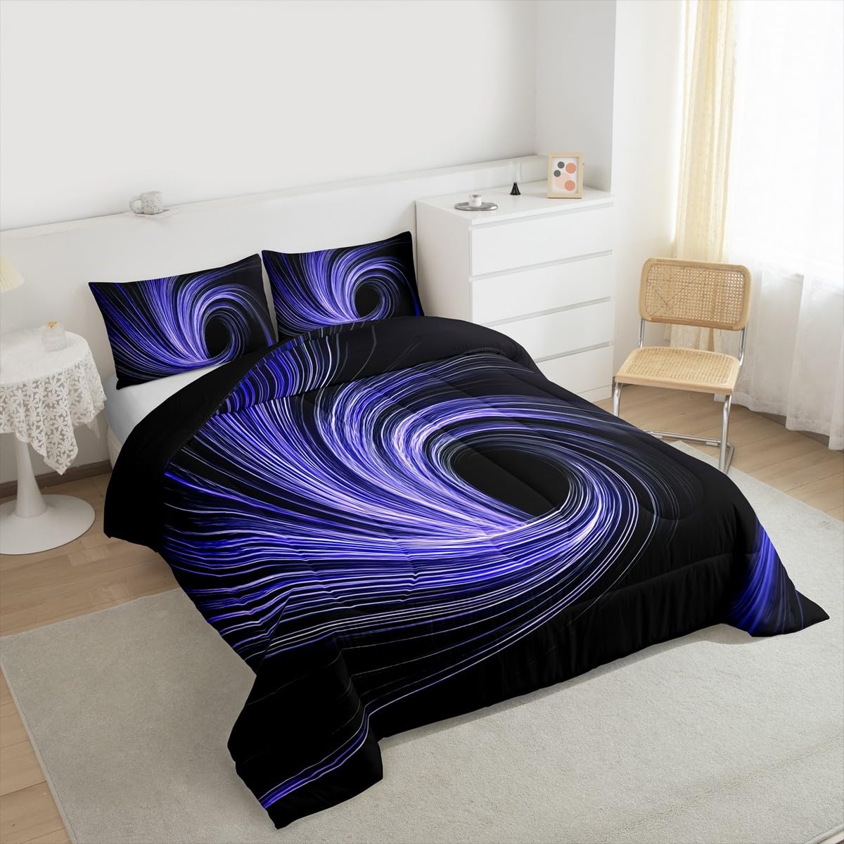 Erosebridal Blue Black Comforter Set King Modern Striped Circle Swirl Bedding Set Black Hole Abstract Geometric Comforter for Kids Boys Girls,Geometric Stripes Line Artwork Quilt Duvet