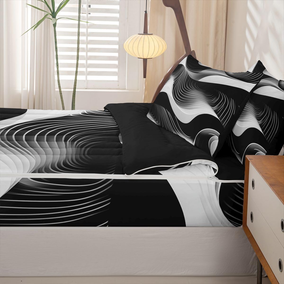 jejeloiu Abstract Art Full Zipper Bedding Set Wavy Contour Lines Kids Comforter Set with Fitted Sheet and 2 Pillowcases Geometric Modern Bed in a Bag Zip Up Bedding Soft Microfiber