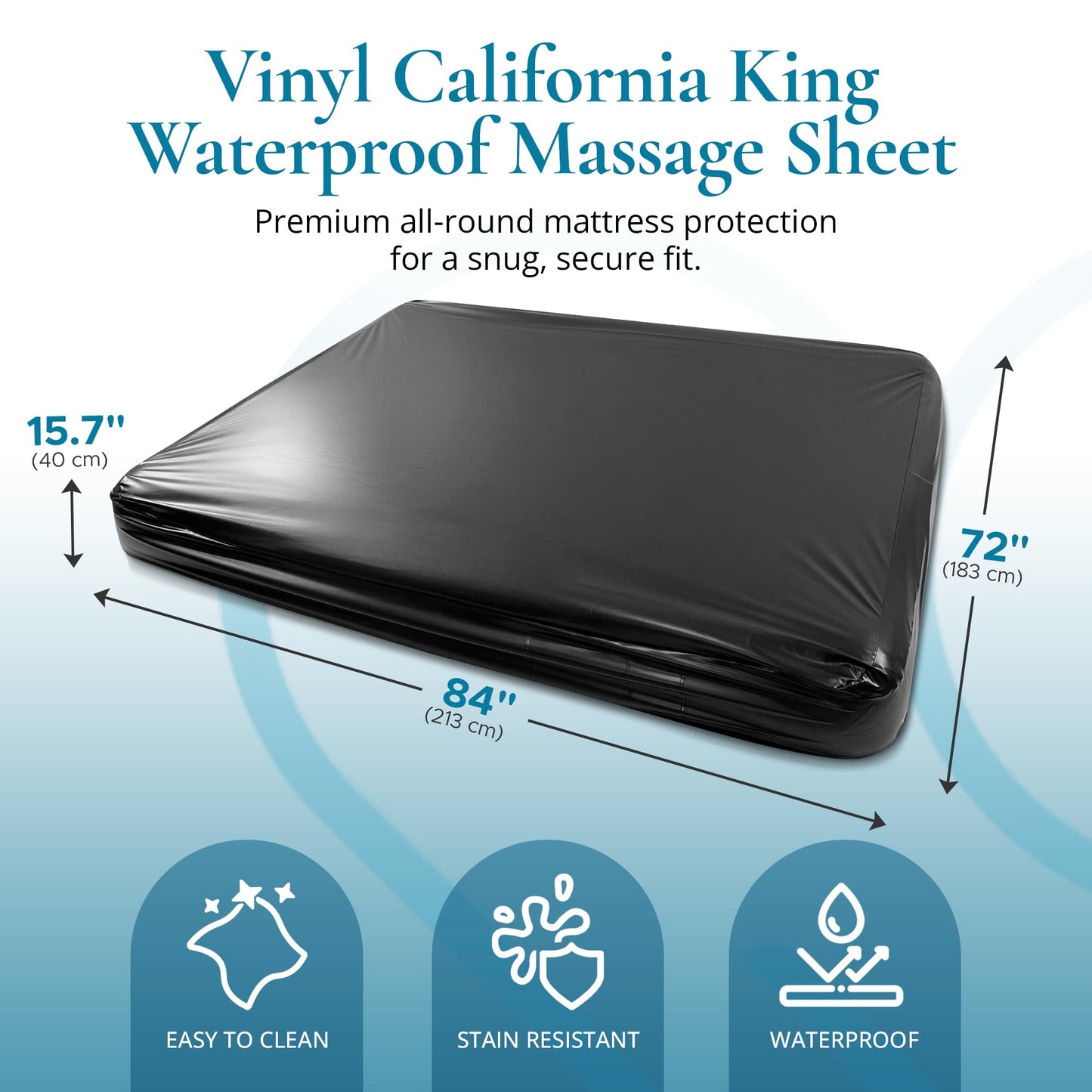 Vinyl Waterproof Fitted Sheet, California King 72 x 84 inches, 15.75" Deep Pocket, Phthalate-Free Black Wipe-Clean Mattress Protector with Side Pocket & Repair Kit, for Massage Oil & Silicone