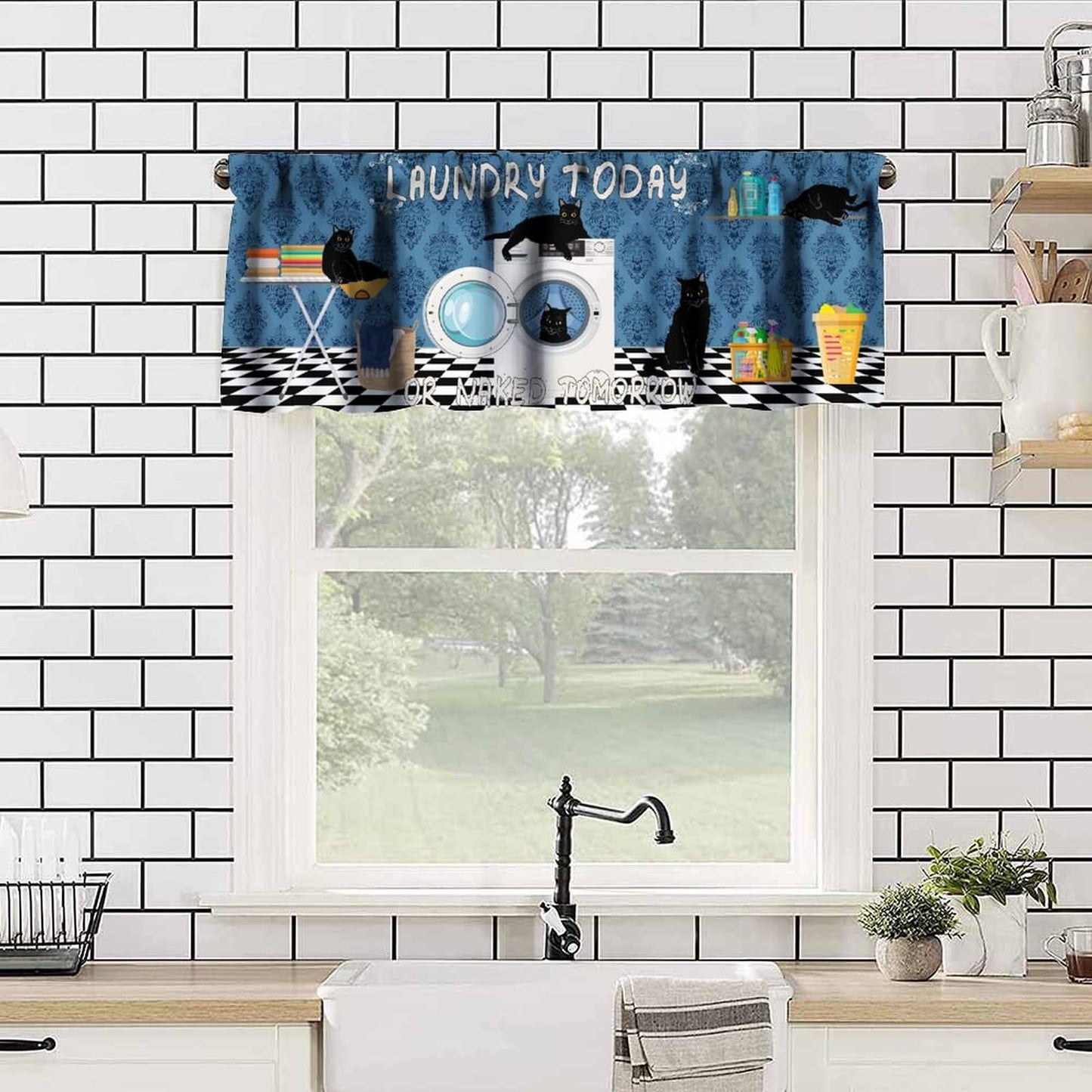 AAVEUP Laundry Room Valance Curtain Blue Abstract Rustic Plaid Black Cat Clean Clothes Drying Washing Machine Window Treatment for Bathroom Kitchen 54 x 18 in