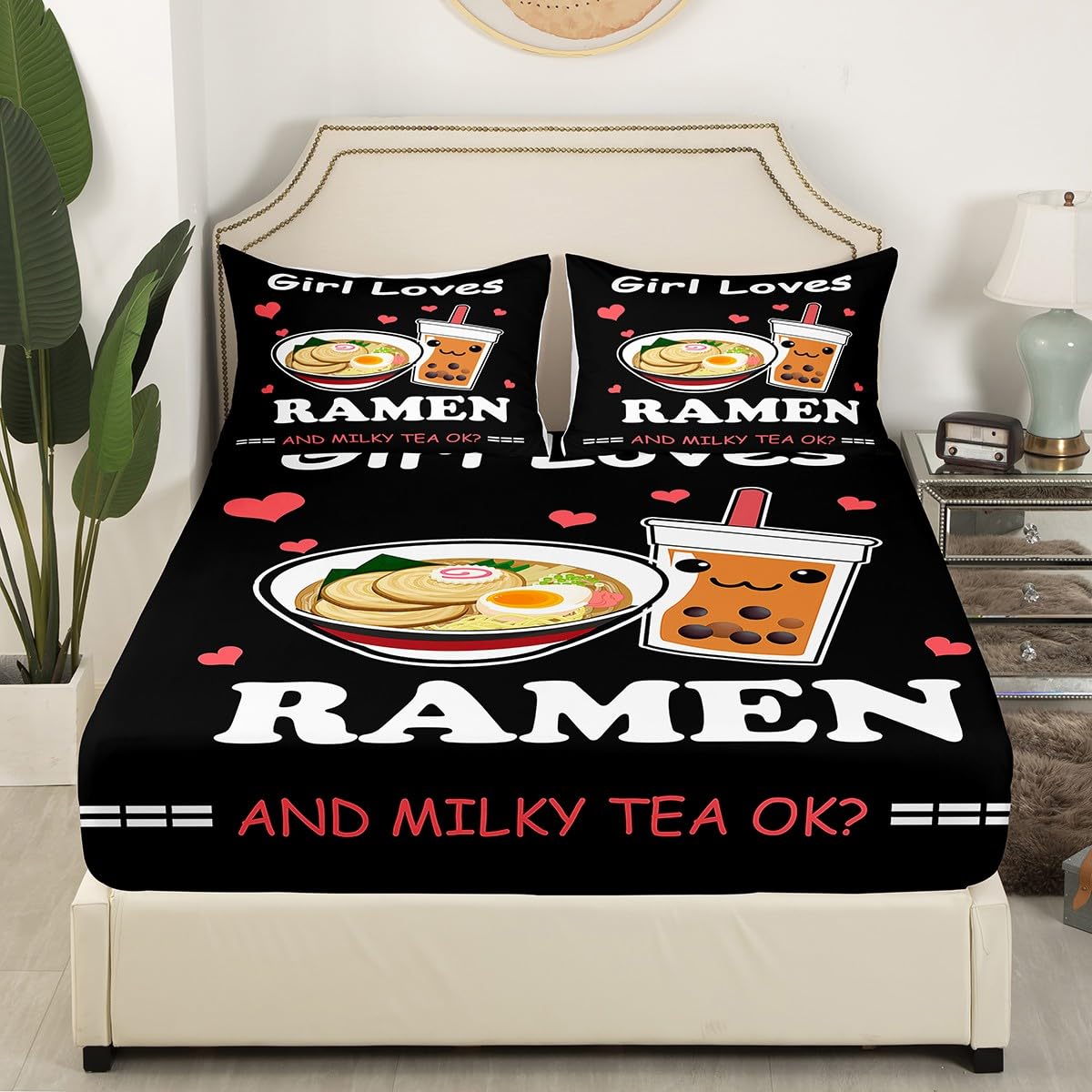 Feelyou Ramen Boba Fitted Sheet Anime Bedding Set for Kids Boys Girls Teens Noodles Bubble Tea Bed Sheets Set Girl Loves Ramen Boba Bed Cover Room Decor Bed Set Full Size