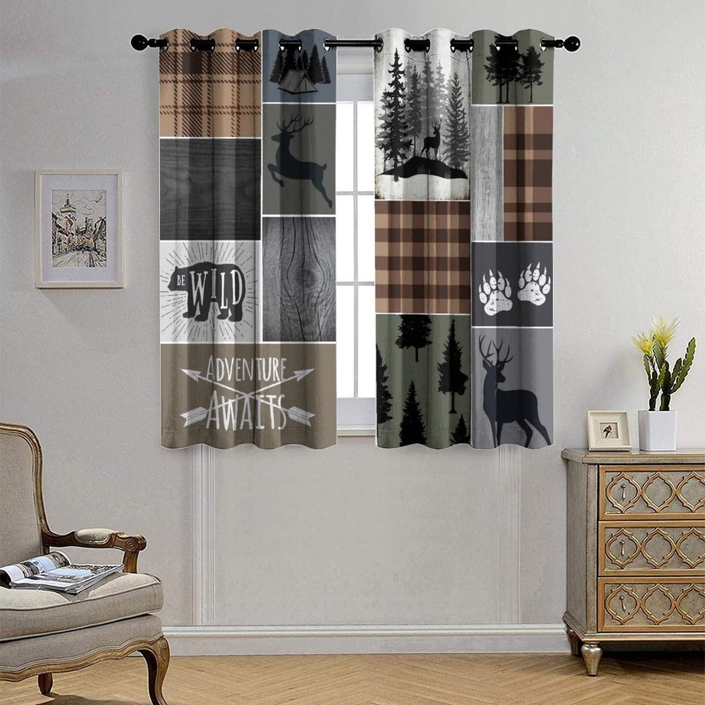 Retro Cabin Bear Deer Room Darkening Blackout Window Curtains with Grommets,Country Farmhouse Hunting Theme Wildlife Plaid Check Lodge Energy Efficient Window Treatment 2 Panels 45L x 21W