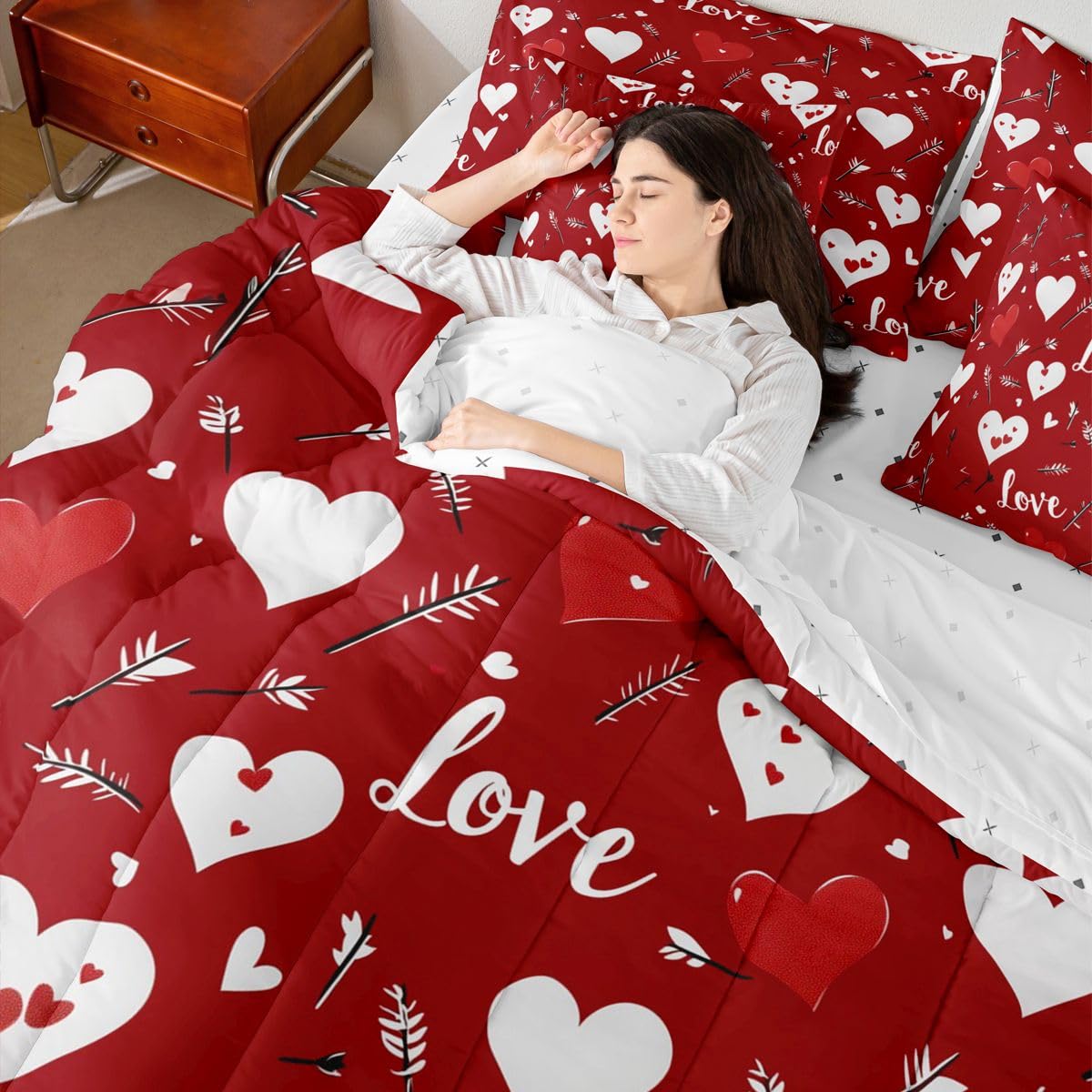 Erosebridal Red Valentines Day Full Bedding Set - Valentines Love Heart Bed in A Bag,Heart Printed Comforter Sets with Sheets, Couple Romance Gifts 7 Pieces Bed Set Bedroom Decor