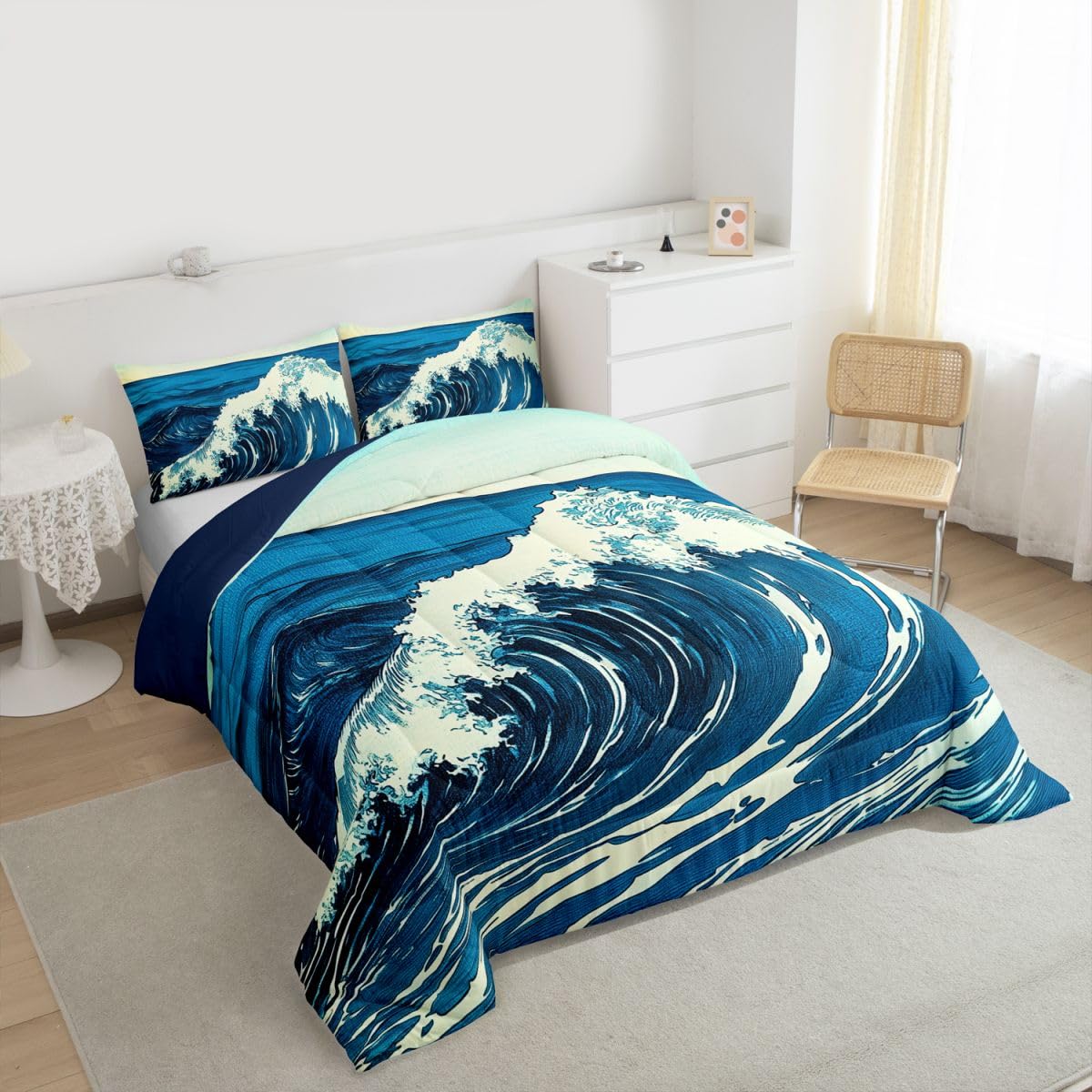 jejeloiu Wave Pattern Kids Comforter Set Queen Size Japanese Style Bedding Set Ocean Wave Duvet Quilt for Kids Boys Girls Bedroom Decor Microfiber Ultra Soft Breathable