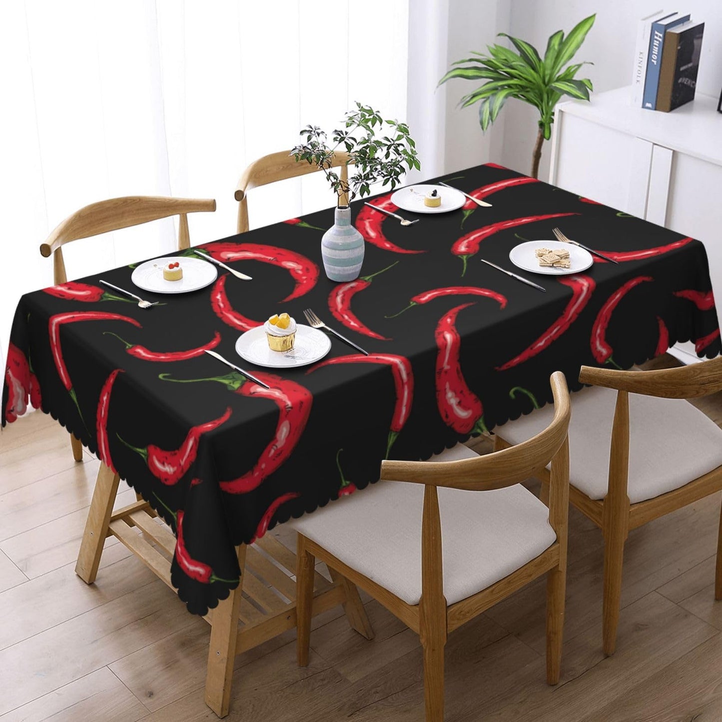 DANSICUINI Chili Pepper Rectangle Tablecloth Red Hot Chili Pepper Table Cloth Black Rectangular Tablecloth Table Cover for Dining Kitchen Party 54 x 72 Inch