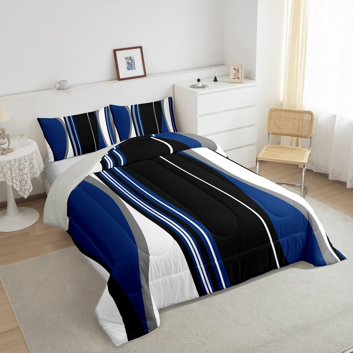 Erosebridal Blue Black Abstract Queen Comforter Set for Adult Women Men Grey Modern Striped Bedding Set Geometric Stripes Lines Bed Set Contemporary Art Boho Quilt Set for Minimalist