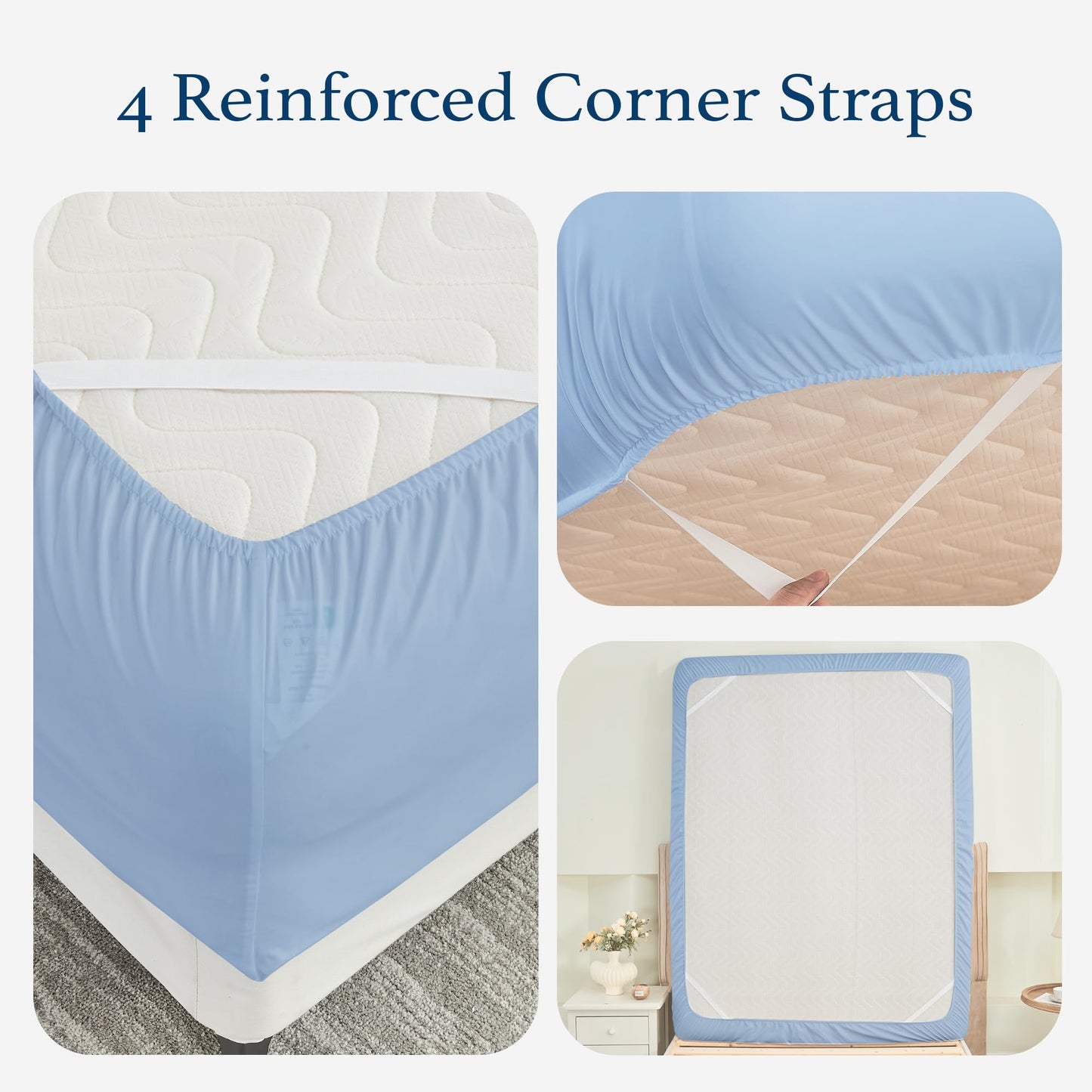HOMTEC 100% Cotton Percale Fitted Sheet California King Size, 8-15" Deep Pocket Cooling Bottom Sheet, Breathable Soft & Crisp Fitted Sheet Only with 4 Corner Straps (Cal King, Placid Blue)