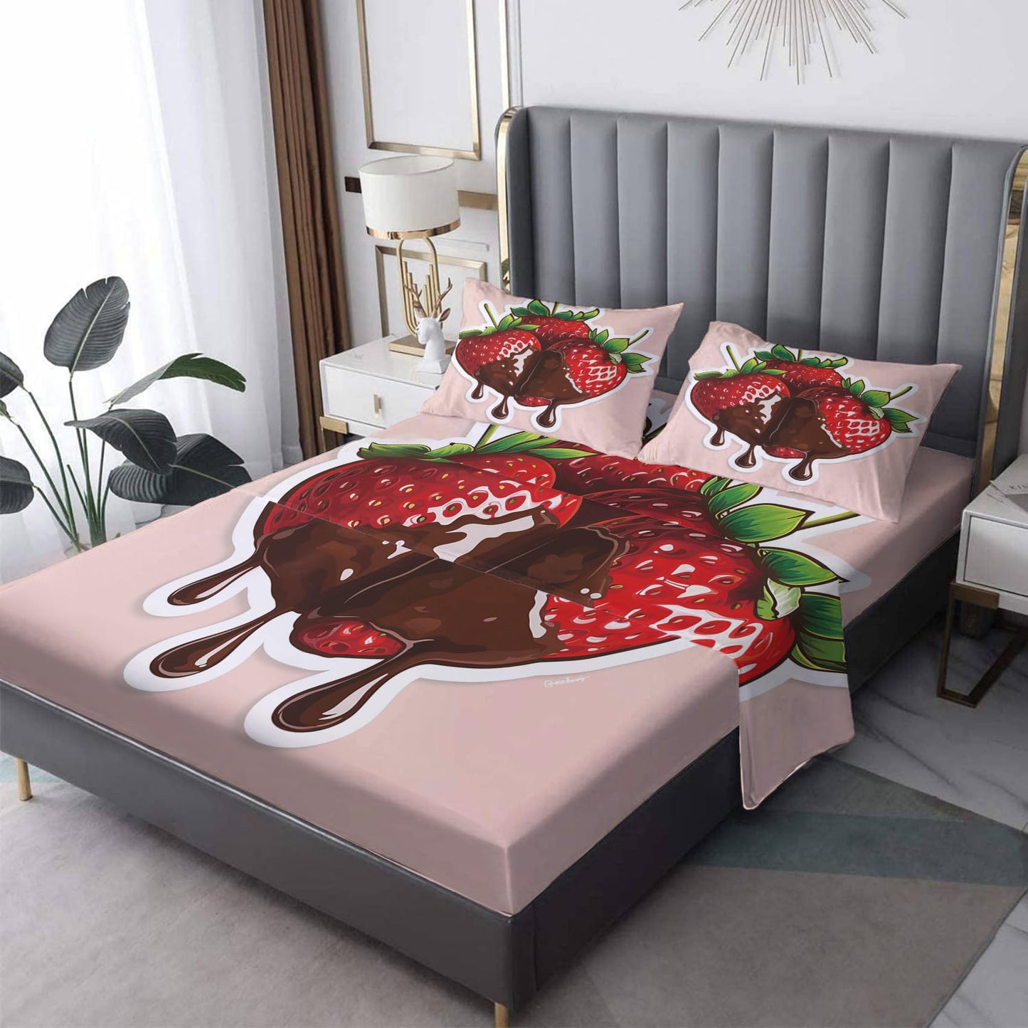 Rejkxyw King Size Sheets Set Cartoon Strawberry - Fruit Bed Sheets - Strawberries Sheet Set - 12 Inch Deep Pocket - Ultra Soft Winkle Free Microfiber Bedding Sheets & Pillowcases 4 Piece