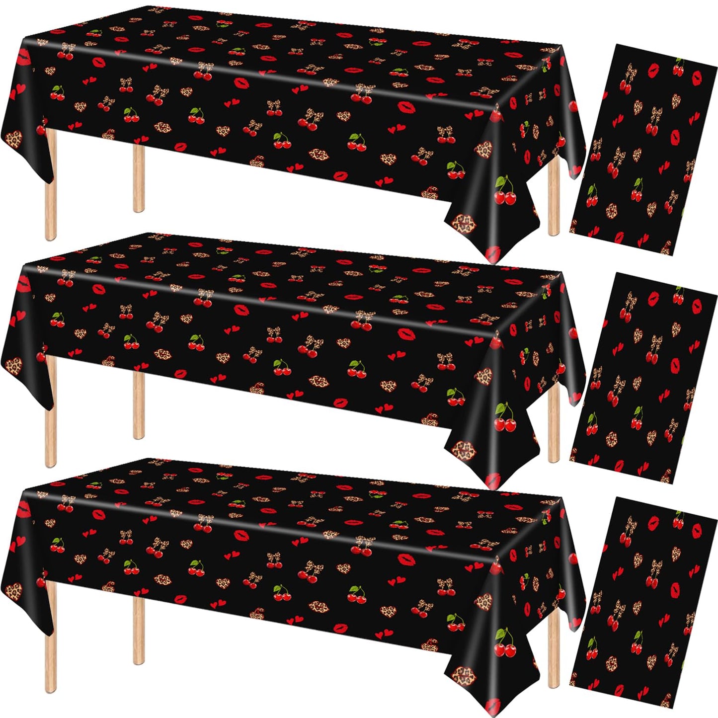 3Pcs 54 x 108 Inch Cheetah Cherry Tablecloths,Red Black Leopard Print Disposable Plastic Table Covers with Red Lips, Waterproof Party Table Cloths for Birthday, Baby Shower, Wedding, Party Decorations
