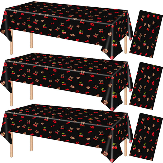 3Pcs 54 x 108 Inch Cheetah Cherry Tablecloths,Red Black Leopard Print Disposable Plastic Table Covers with Red Lips, Waterproof Party Table Cloths for Birthday, Baby Shower, Wedding, Party Decorations