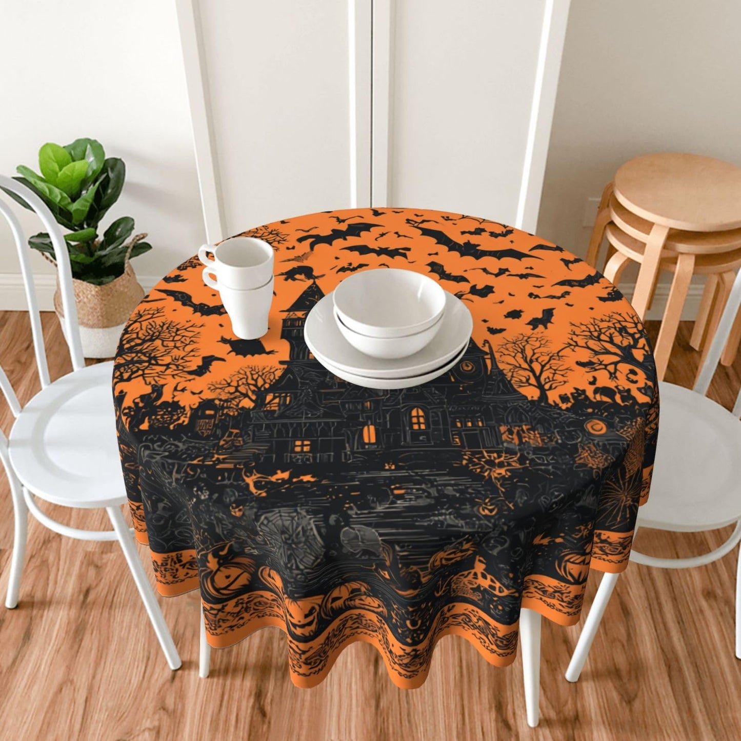 Halloween Haunted House Round Tablecloth 60 Inch, Bats Decorations Round Table Cloth for Halloween Holiday Picnic Party Kitchen/Home Dining Decor
