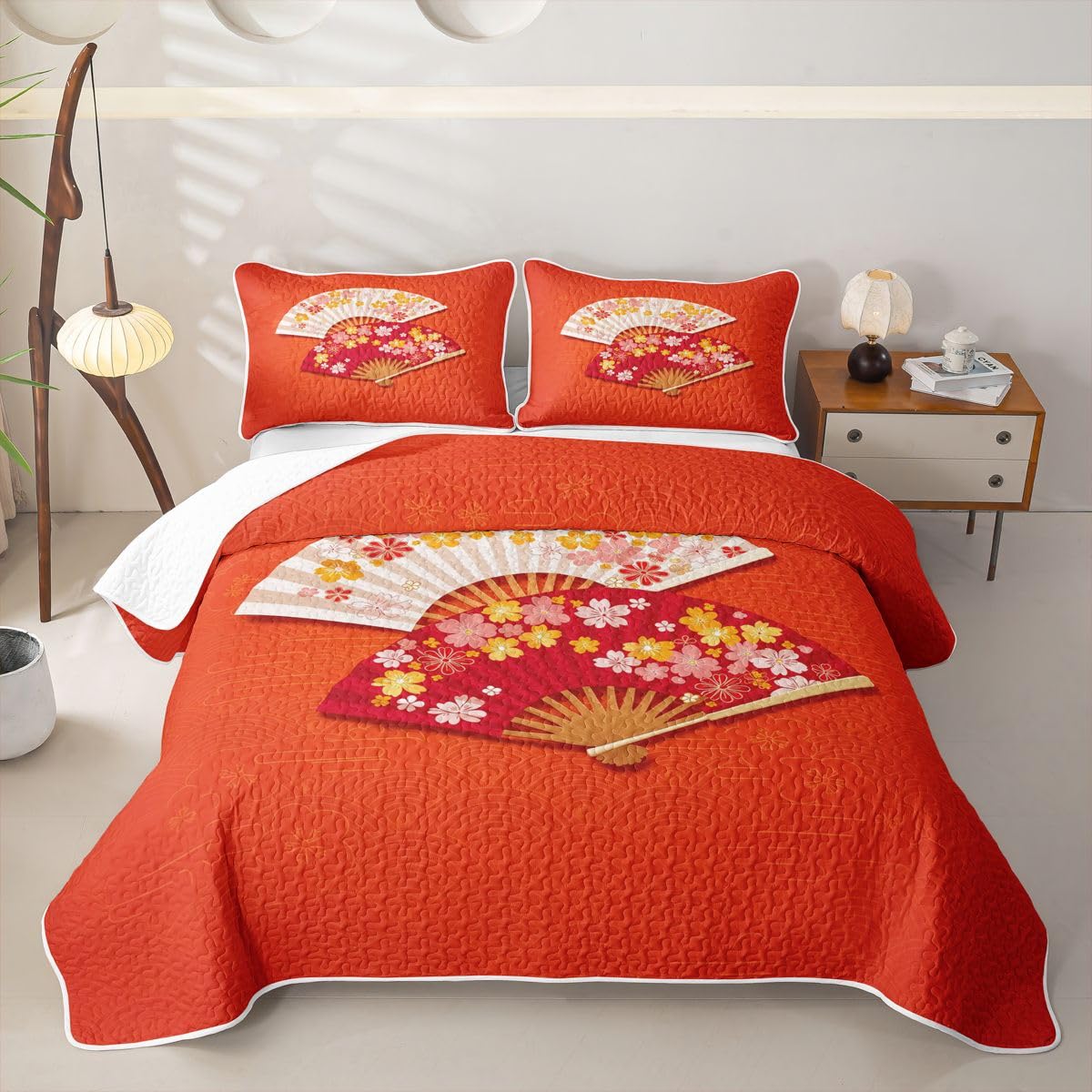 Erosebridal Japanese Folding Fans Quilt Twin Size - Japanese Style Bedspread Japan Cherry Blossoms Bed Coverlet with 1 Pillowcase