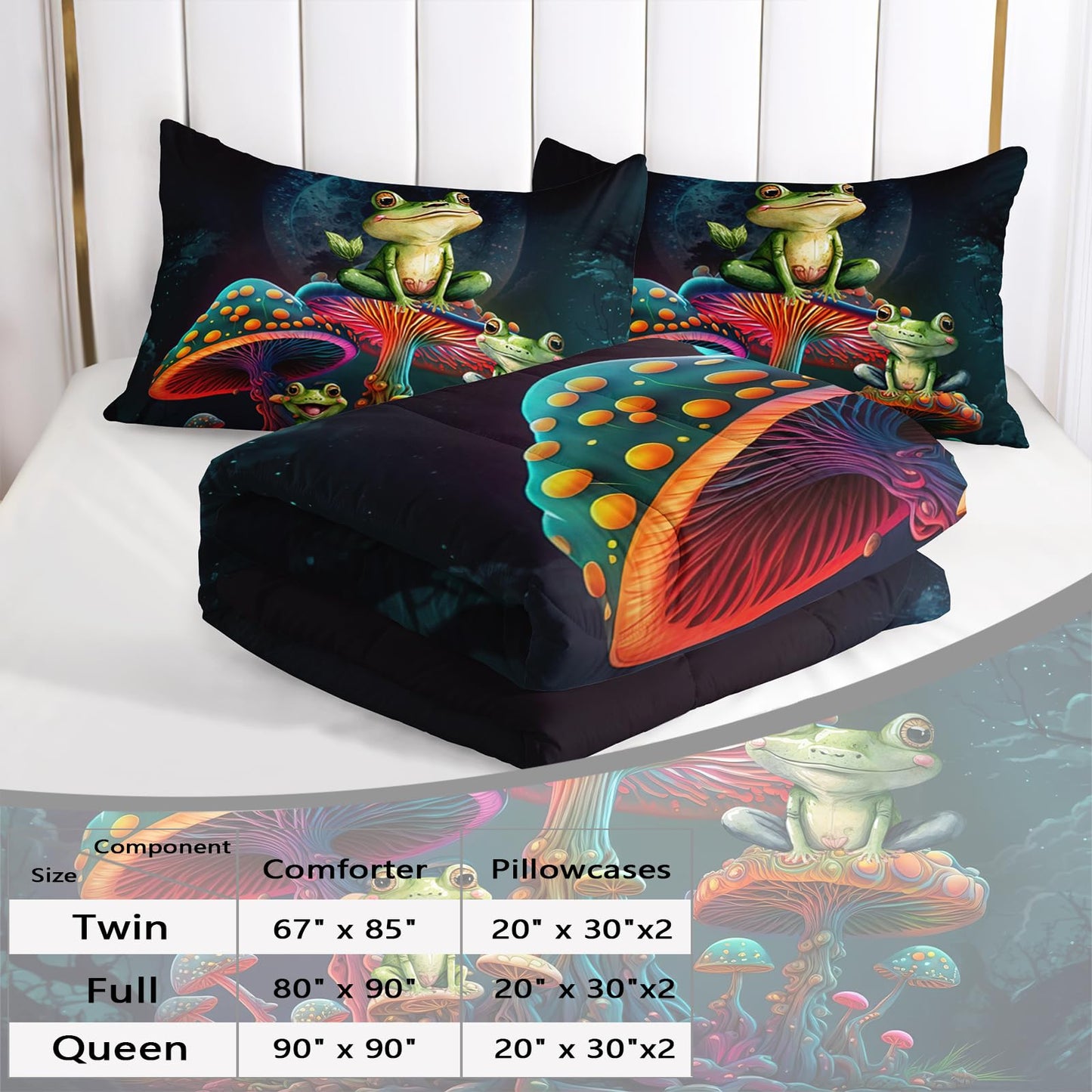 AILONEN Frog Comforter Set Queen Size,Fantasy Magic Mushroom Frog Kids Bedding Set for Boys Girls,Green Wild Animals Duvet Set 3 Pieces, 1 Quilt and 2 Pillowcases, All Season
