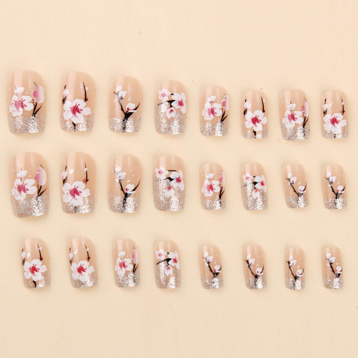 Medium Press on Nails Square Fake Nails with Nude Pink Peach Silver Glitter Designs Acrylic Glue on Nails Press ons Flower Glossy Full Cover Stick on Nails for Women 24 Pcs