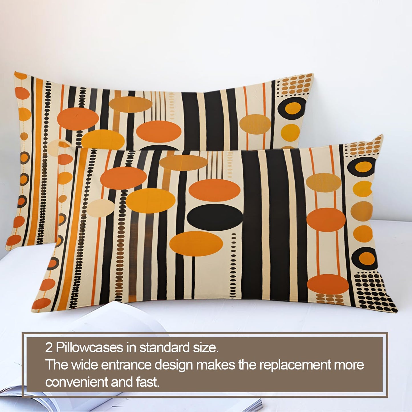 QINYUN Retro Middle Ages Duvet Cover California King, Orange Geometric Art Bedding Set 3 Piece Bedroom Decor Modern Stripes Patterned Comforter Cover with Zipper Ties & 2 Pillowcases