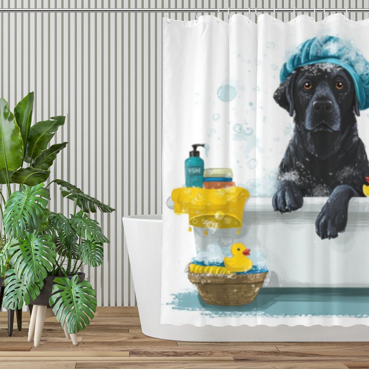 Wordatu Cute Black Labrador Dog Kids Shower Curtain for Bathroom Decor Funny Animal Child Lovely Farmhouse Pet Footprint Fabric Waterproof Polyester 12 Hooks 72x72 Inches