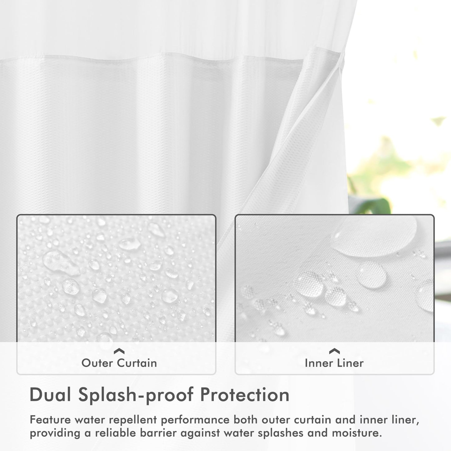 Mrs Awesome No Hook Shower Curtain with Snap-in Liner Less Time On/Off, Embossed Waffle-Look Textured Fabric Shower Curtain for Bathroom Hotel Style, Washable, Soft & Lightweight, 71x74, White